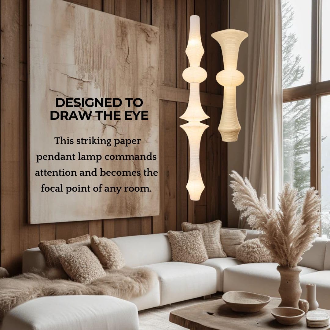 Nogy Large Off-White Paper Pendant Lamp - 15'' X 56'' - Modern Japandi Boho Living Room Pendant Light - 3 Bulbs (3000K) - Touch