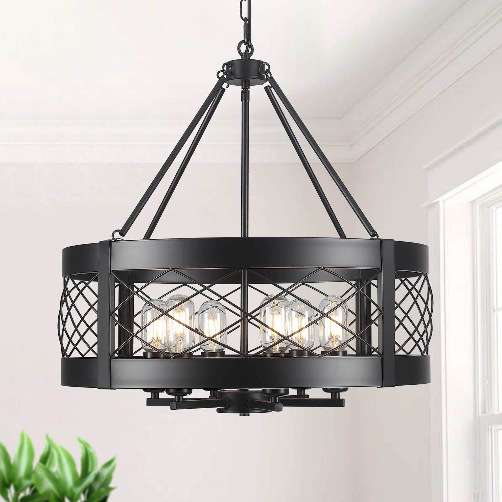 Kostomo Black Chandelier 6-Light Adjustable Farmhouse Chandelier Dining Room Light Fixture Kitchen Island Lighting Drum Rustic H