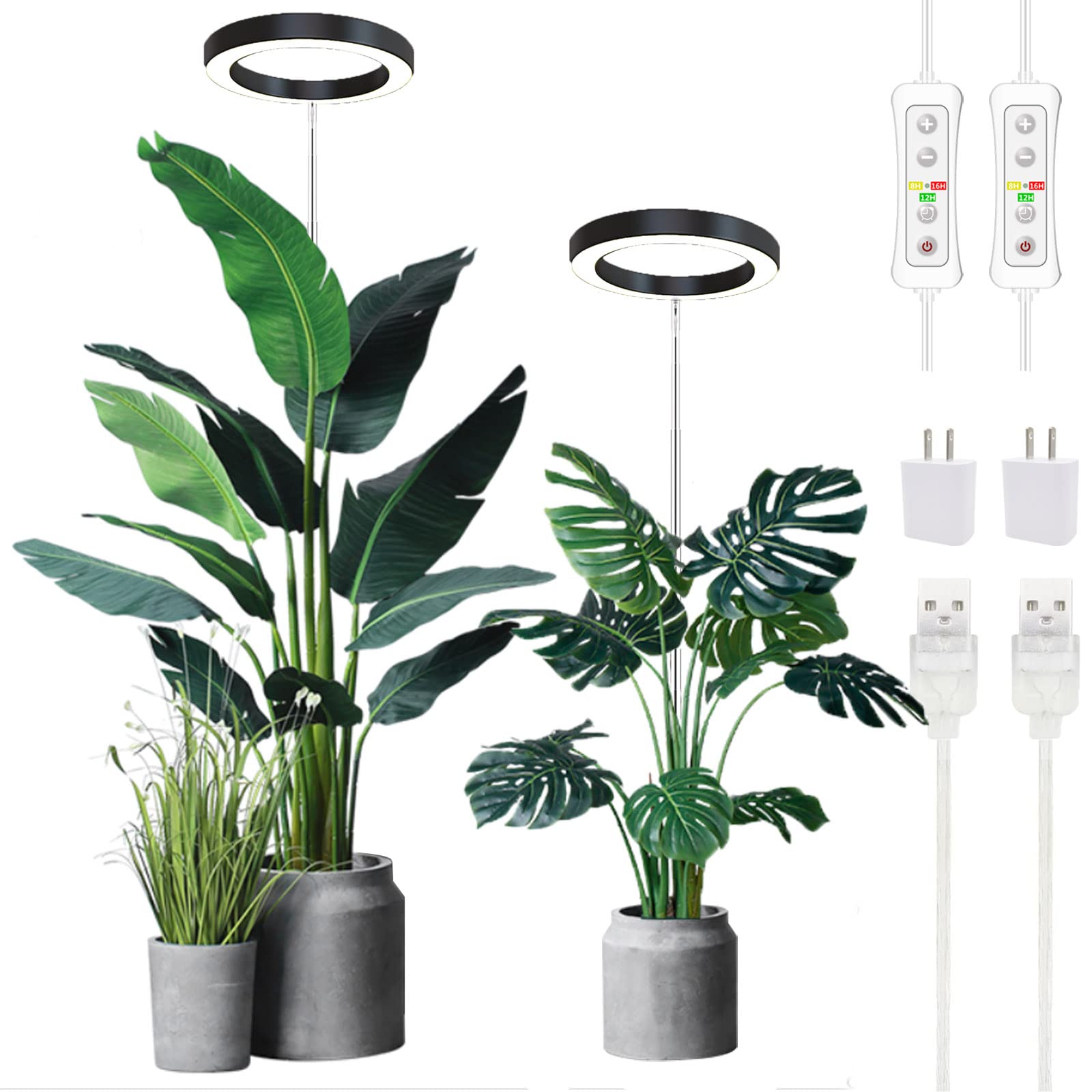 yadoker LED Grow Light Full Spectrum, Adjustable Height, Automatic Timer, 2 Pack, Matte Black, Model 16-BK-2PACK