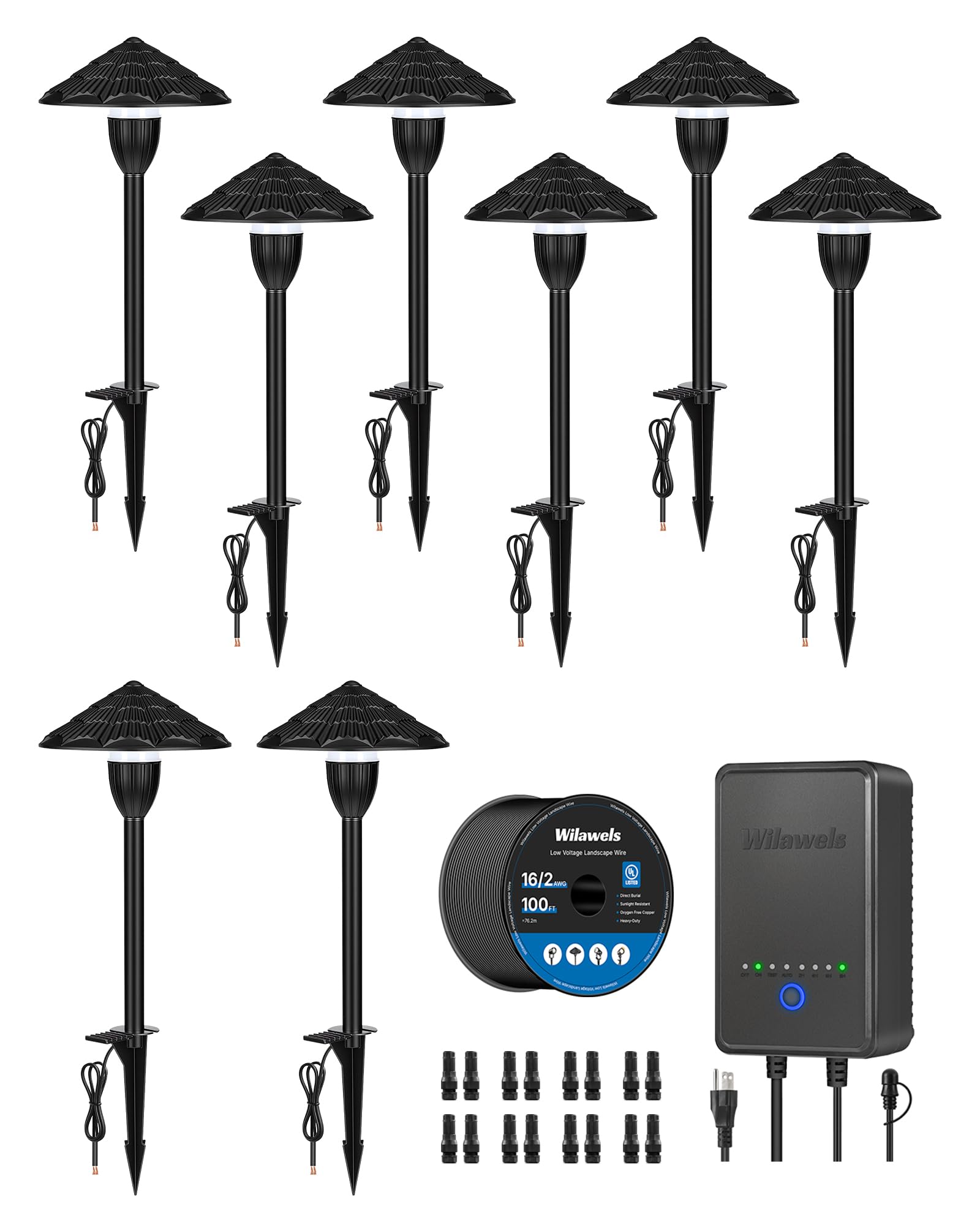 WILAWELS All-in-One LED Low Voltage Landscape Lighting Kit, 8-Pack LED Pathway Lights with Transformer, 100FT Wire and Connector