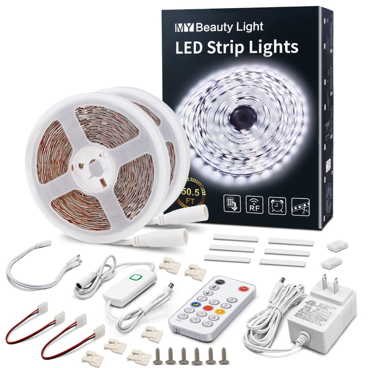 MY BEAUTY LIGHT LED Strip Lights White,50.5ft Dimmable LED Light Strip with RF Remote,924 Bright 6500K 2835 LEDs,Plug-in Adhesiv