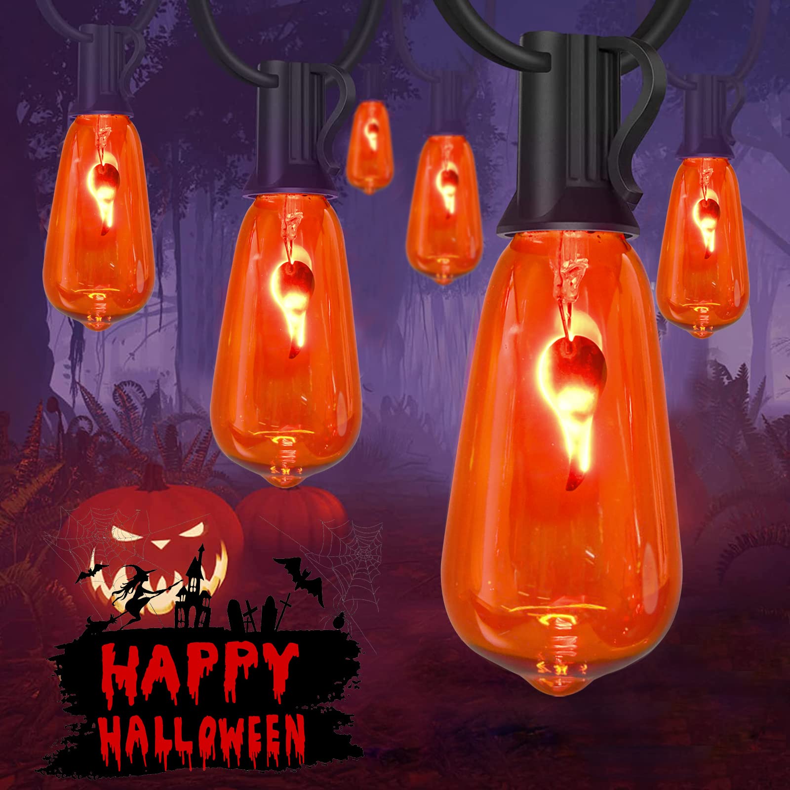 Cbebew 10Ft Halloween Flicker Flame String Lights, 10 Orange Edison Bulbs For Outdoor Decor