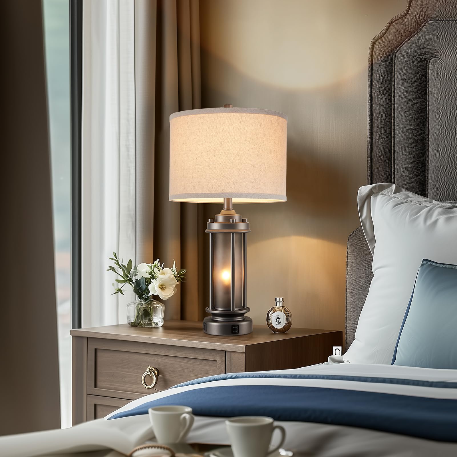 Aieampdo Industrial Metal Table Lamps Set Of 2 Living Room Bedroom, 2 Usb Ports Bedside Lamp With Glass Nightlight, Modern Desk