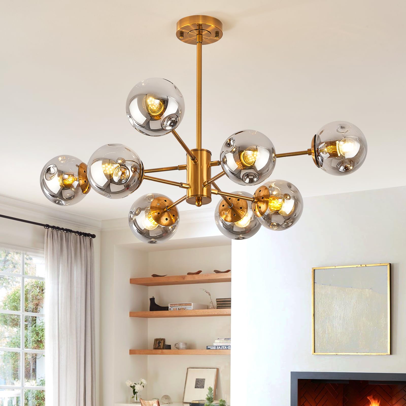 DDLLDESHI Gold Chandelier 8 Head Dining Room Light Fixture, Sliver Glass Globe Shade Kitchen Lights Modern Chandeliers (Ceiling 