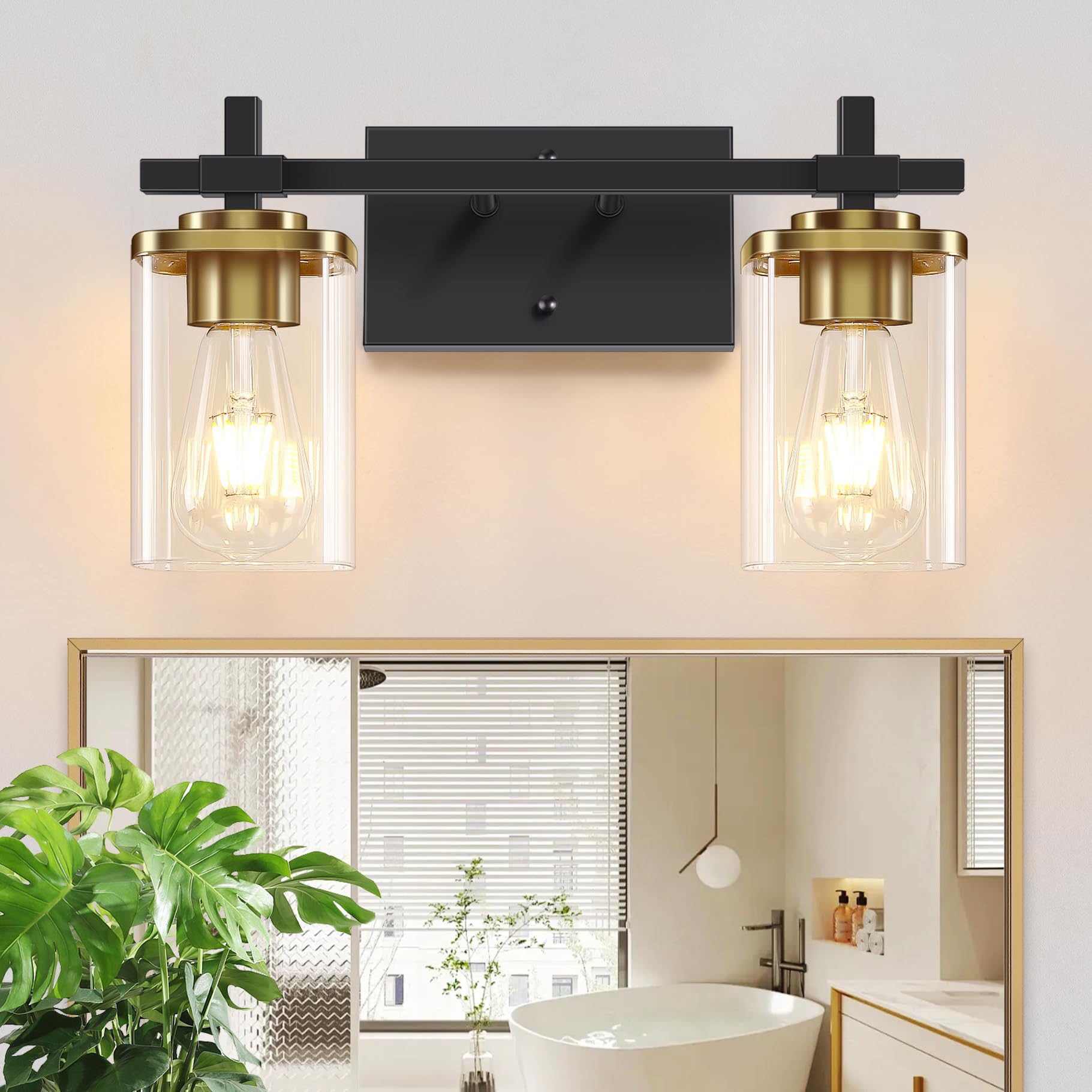 Spiglamm 2-Lights Black And Gold Bathroom Vanity Light, Bathroom Lights Over Mirror With Square Glass Shade And Metal Base, Vani