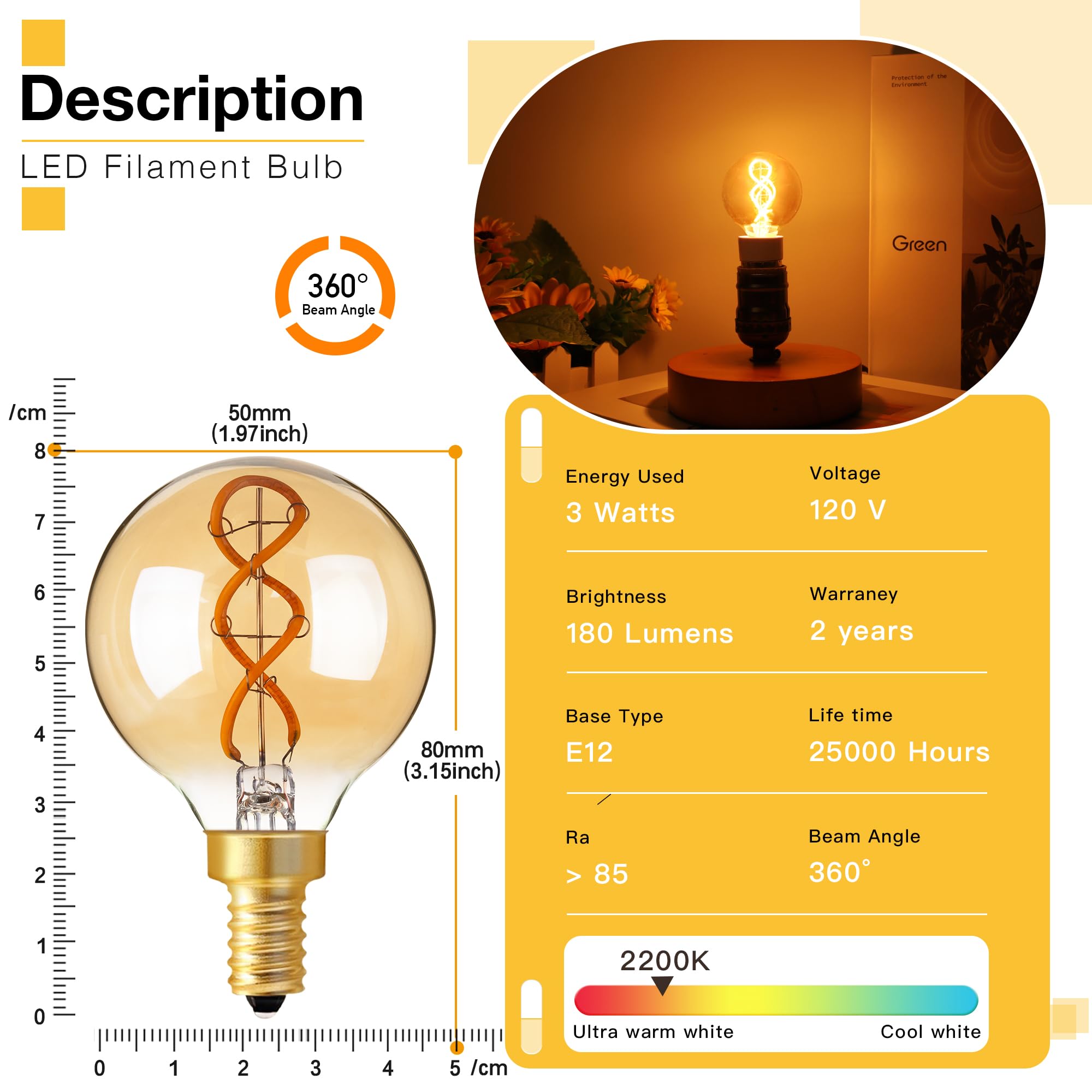Genixgreen Dimmable LED Candelabra Bulb, Amber E12, 3W Equivalent, Soft White 2200K, 180LM, 2 Pack, Antique Style G16