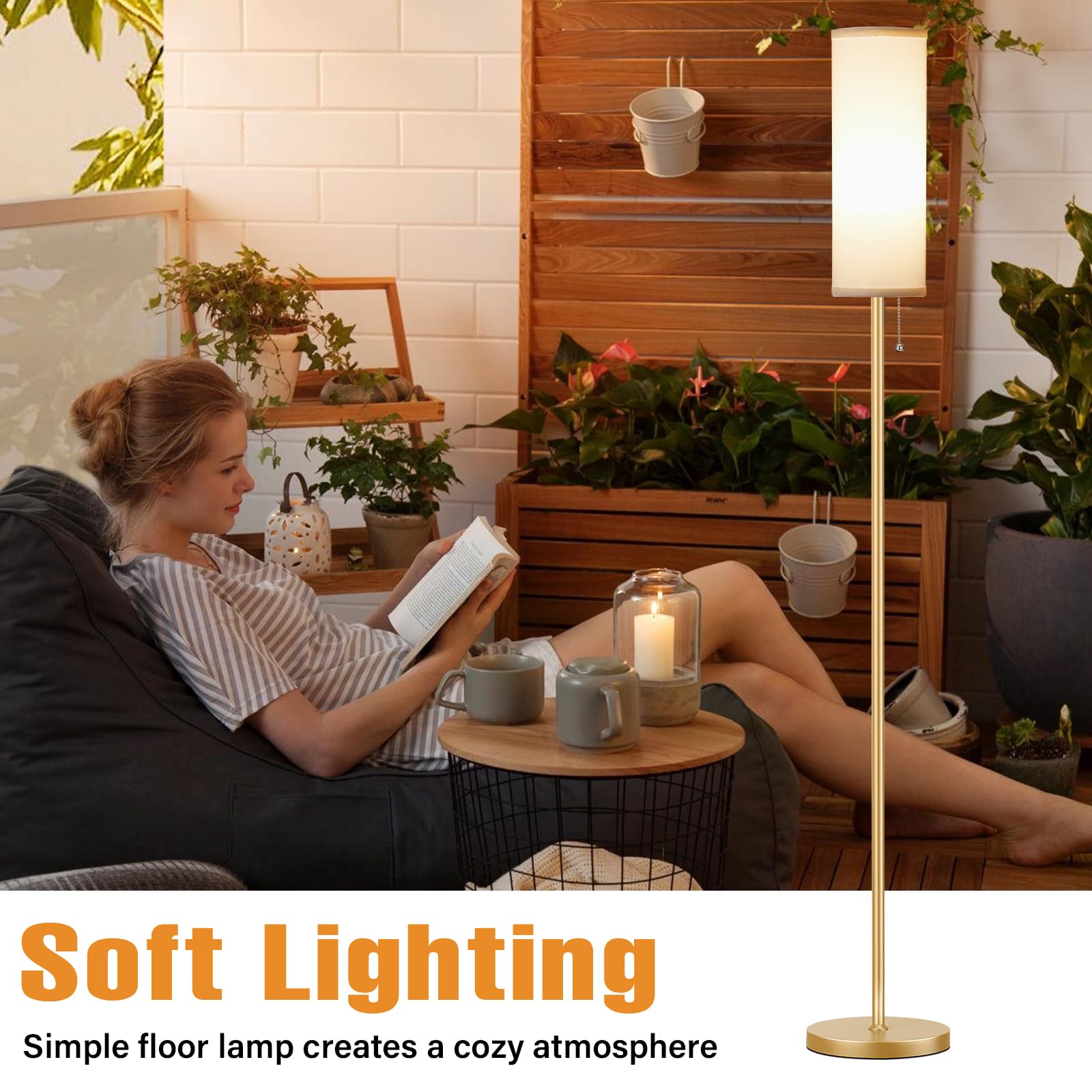 Ambimall Floor Lamp, 64in Minimalist Standing Lamp, Metal with Linen Shade, 3 Color Temperatures, White & Gold, Model RPT-ZGB20213