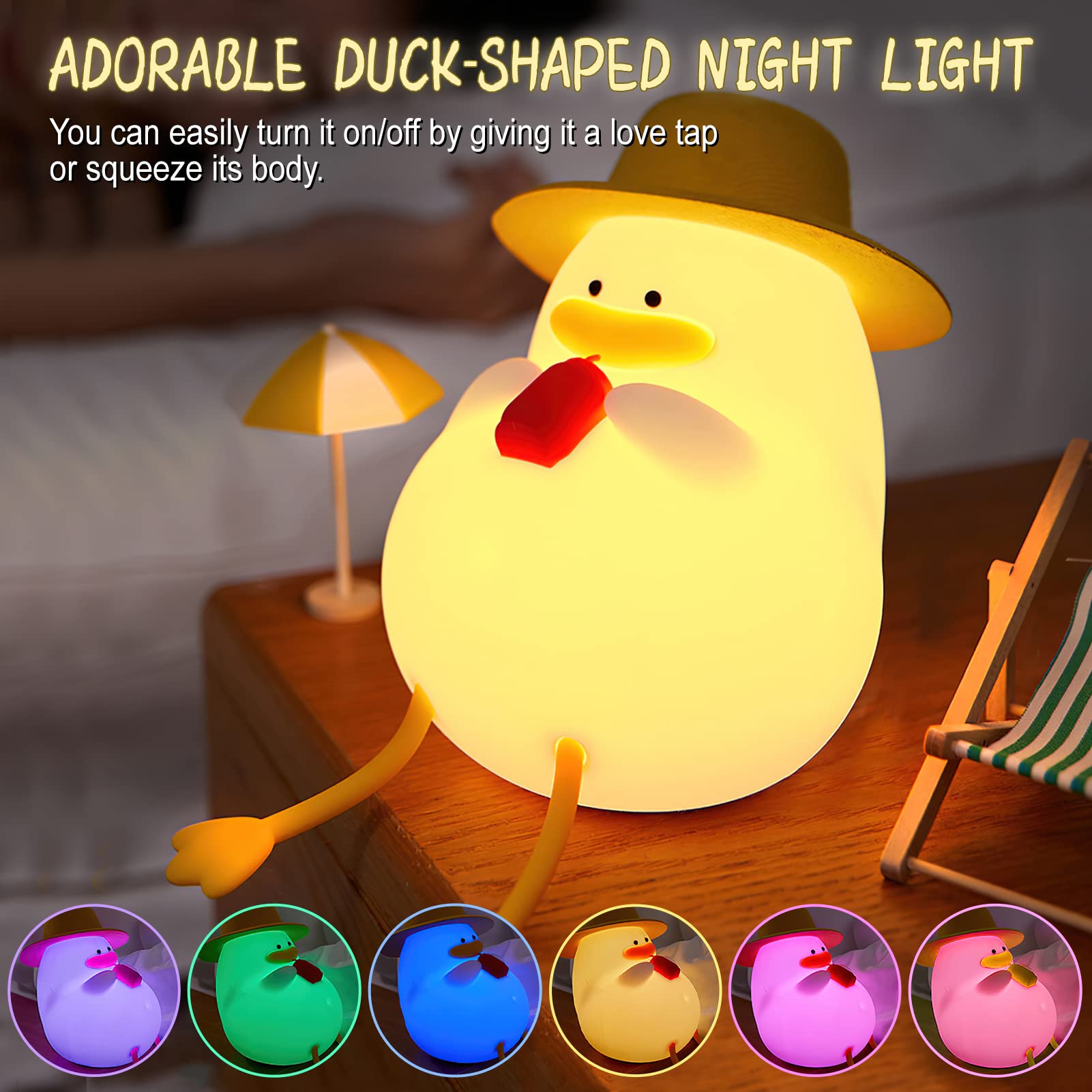 Duck Night Light, 6 Cute Colors Changing Night Light for Bedroom Rechargeable Silicone Duck Cute Lamp Birthday Gifts for Kids Ba