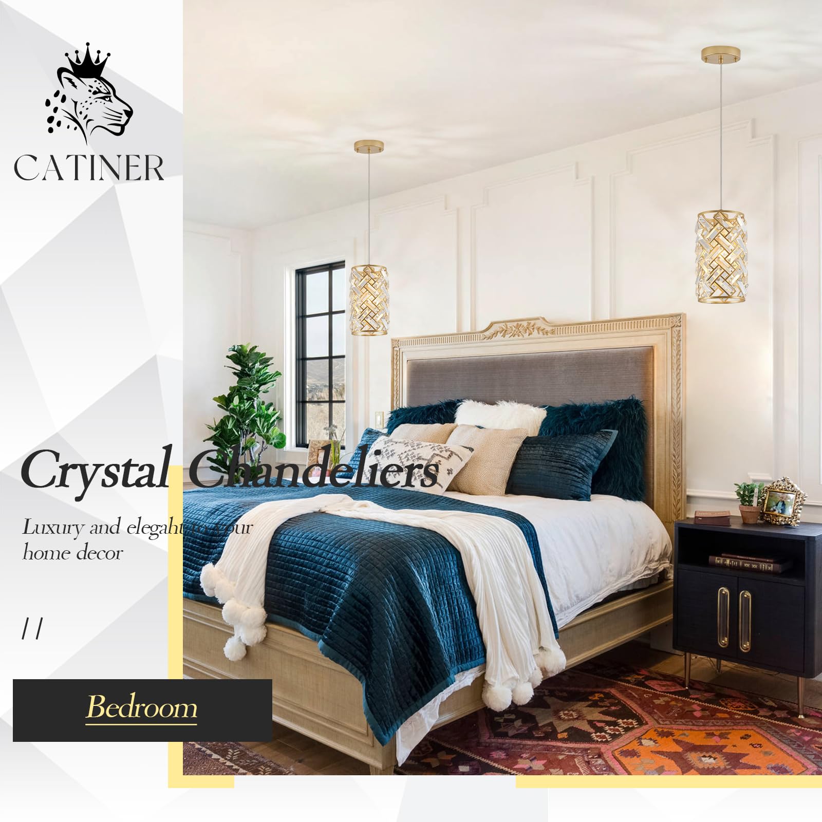 Catiner 1-Light Gold Crystal Pendant Light, Mini Ceiling Hanging Light Fixture With K9 Prisms For Kitchen Island, Bathroom, Bedr