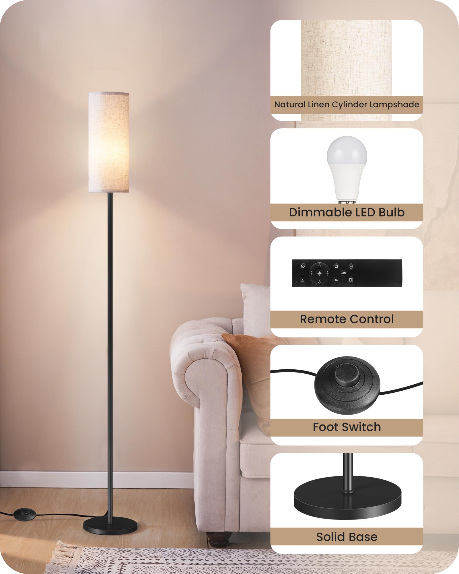 GOEBLESON 2 Pack Dimmable Floor Lamps with Remotes, 66'' Tall, 3000K-6500K, Beige, Model E06LDP205
