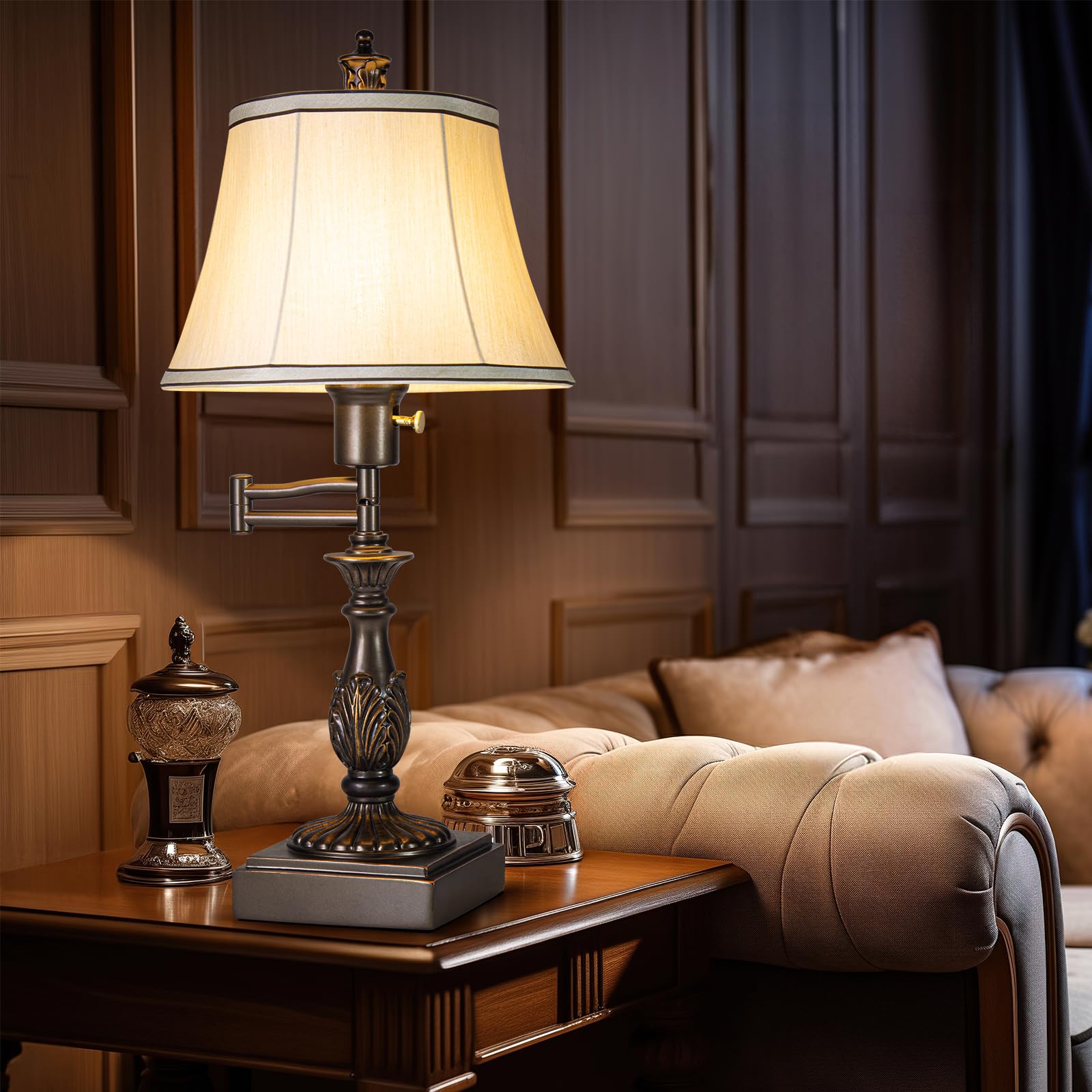 Scenekoy Rustic 23.5" Adjustable Swing Arm Table Lamp Set of 2, Bronze Finish, USB Ports, Vintage Cream Shade, Model SL016