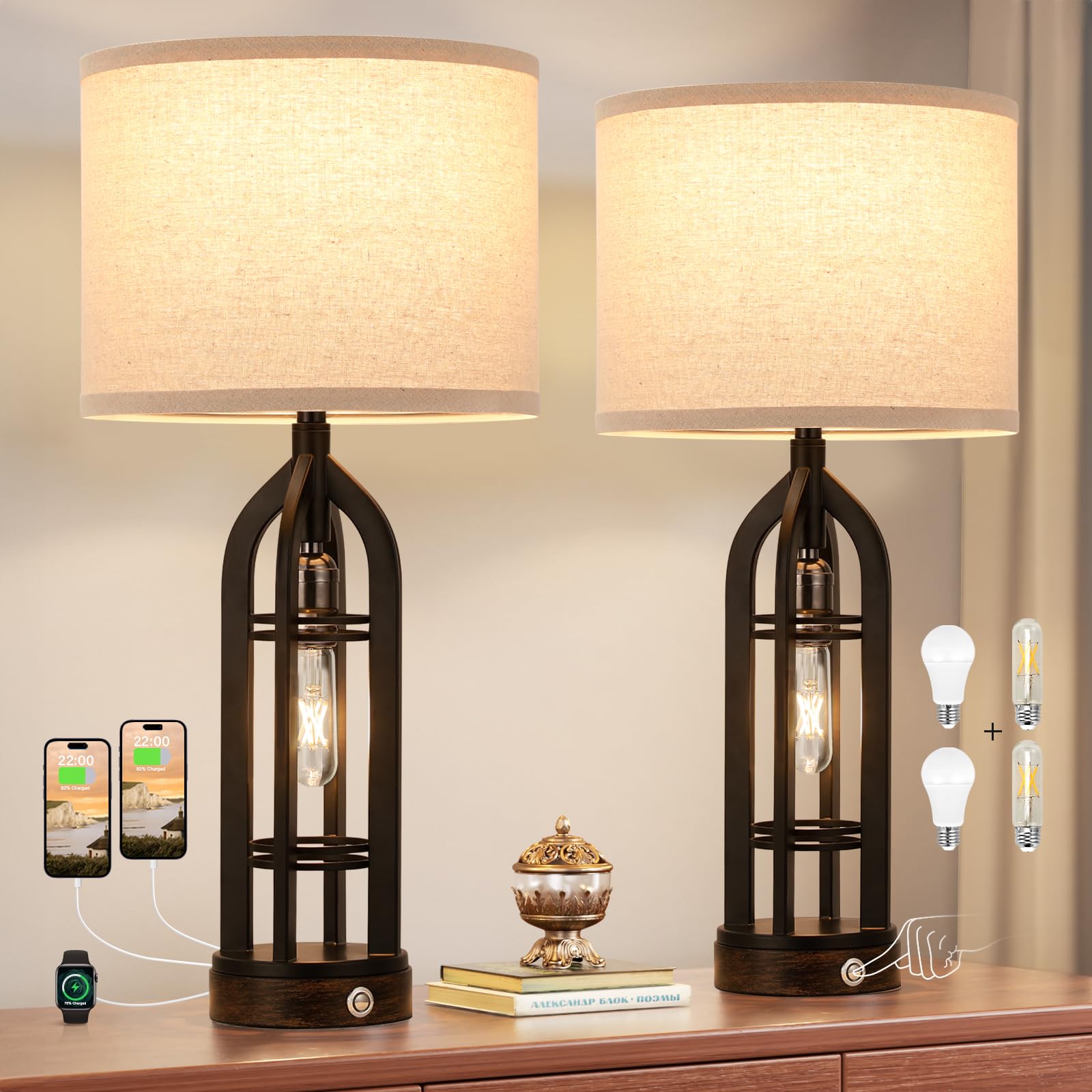 Seealle Table Lamps for Living Room Set of 2 - Bedside Lamp for Bedroom with USB C+A & Outlet, Farmhouse Lamps for Night Stands,