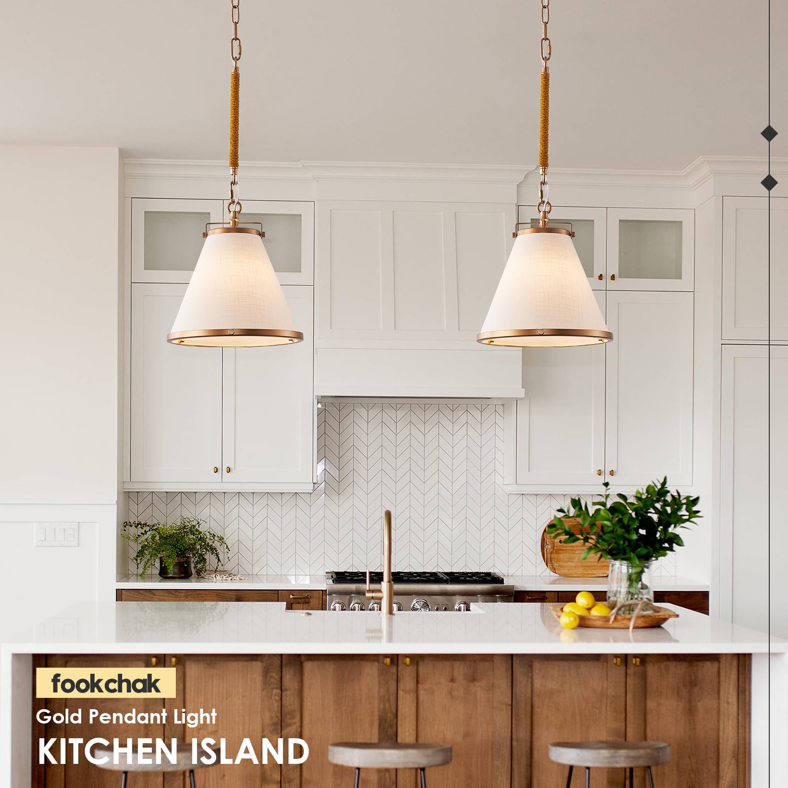 FookChak Vintage Brass Pendant Light - 10" Linen Shade, Copper & Hemp Rope, Modern Farmhouse Lighting for Kitchen & Dining Room