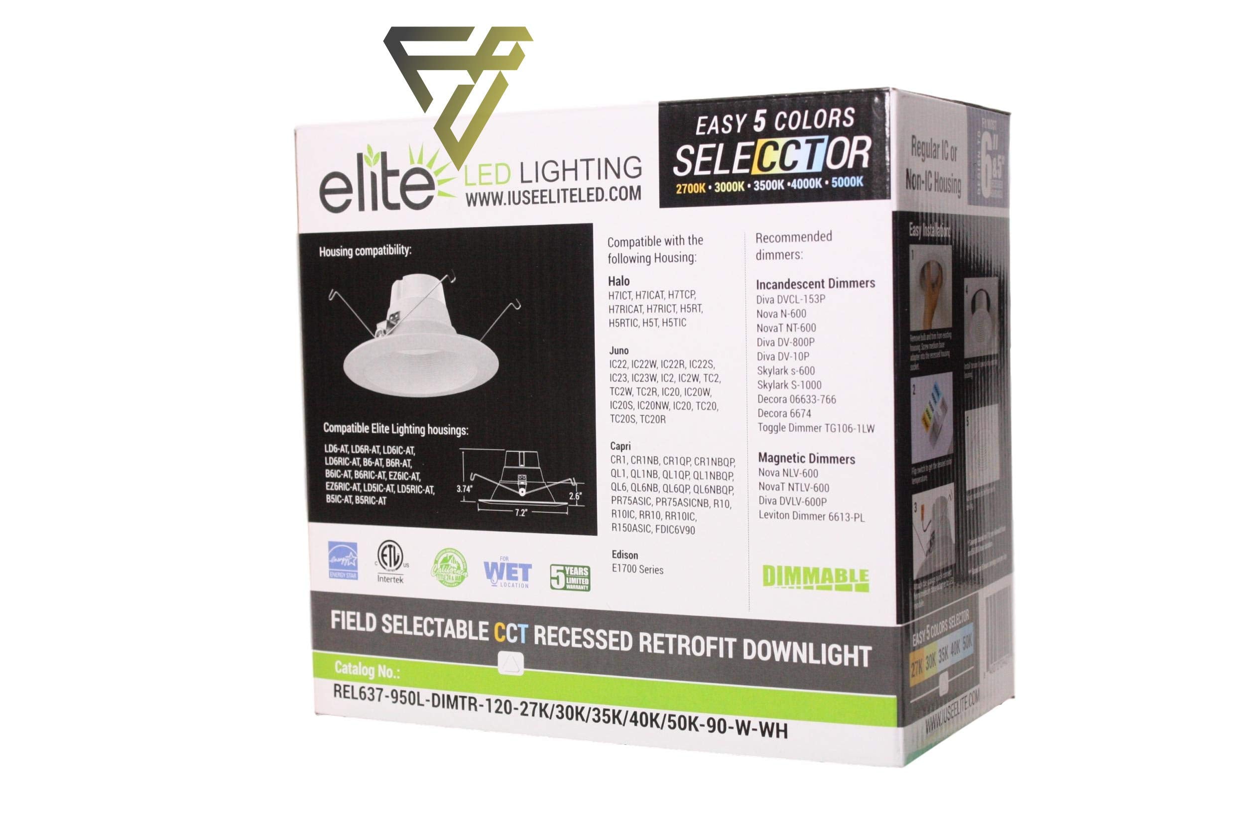 Elite Rel637-Cct Series Led Retrofit Baffle Trim, Color Selecctor 2700K/3000K/3500K/4000K/5000K (White, 5/6&quot;)