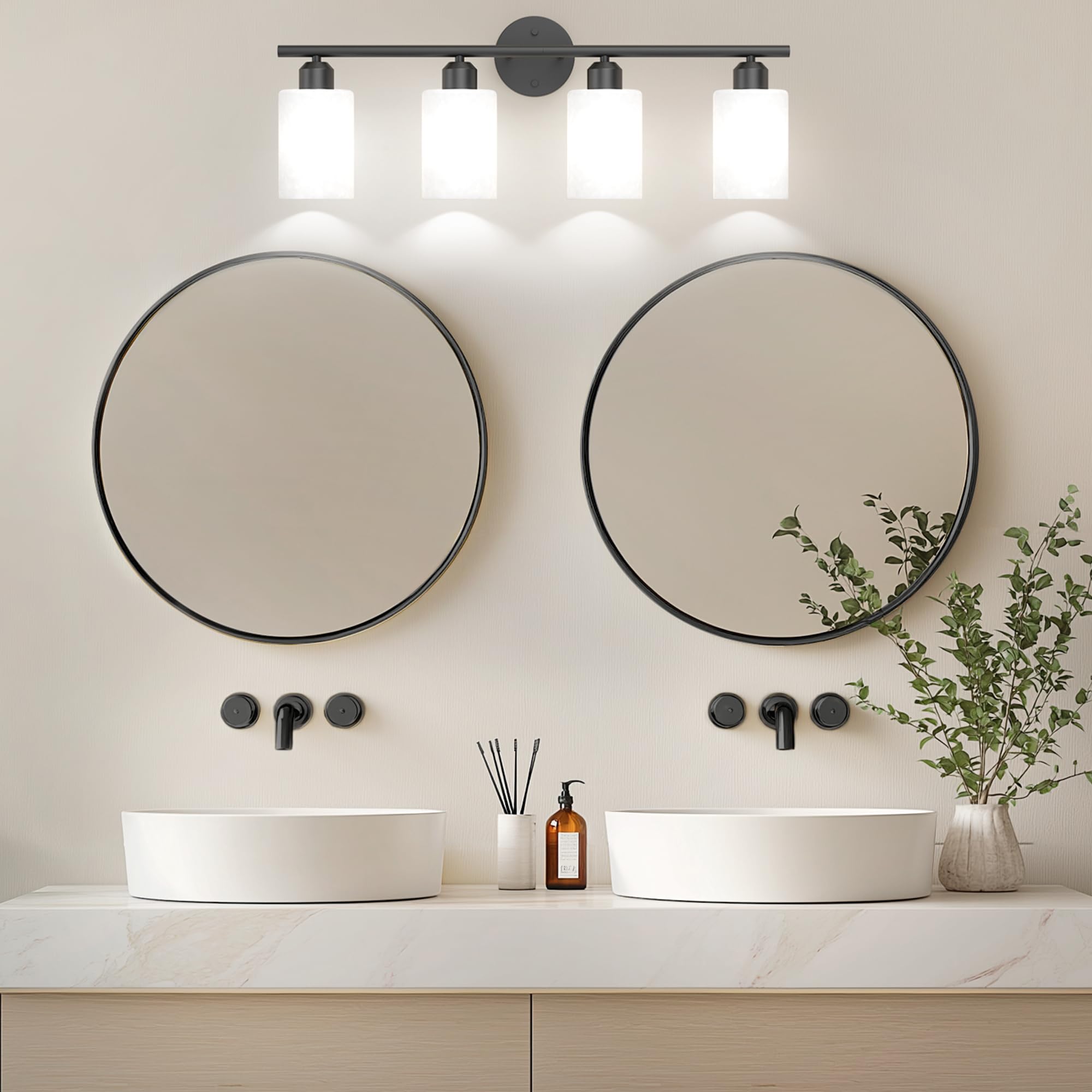Espird 4-Lights Bathroom Light Fixtures, Matte Black Vanity Lighting, Textured Frosted Opal Shades, Model L01-4-BK-W