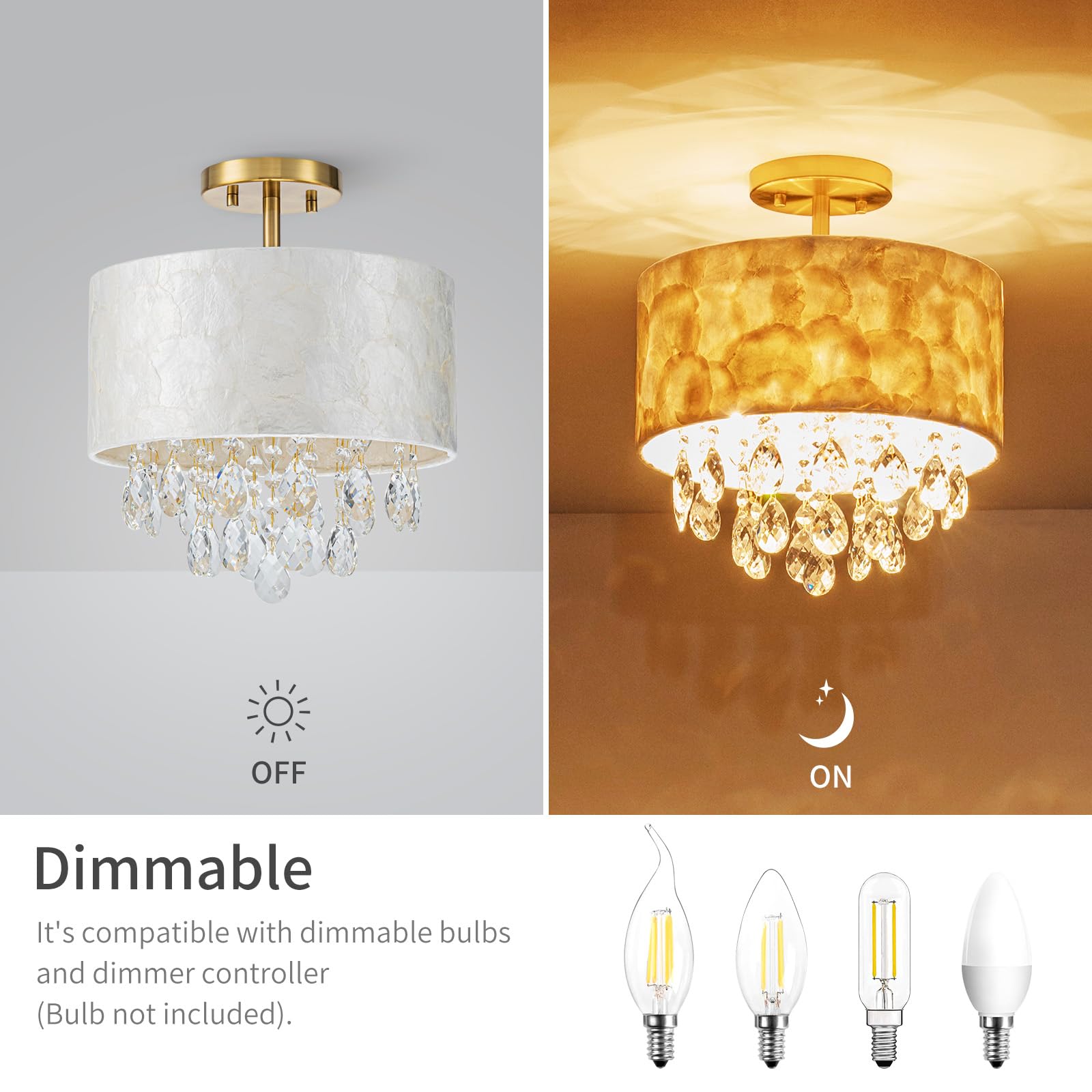 Lumfurn 3-Lights Capiz Shell Crystal Ceiling Light, Coastal Design Flushmount Drum Light Fixture For Dining Room, Living Room, B