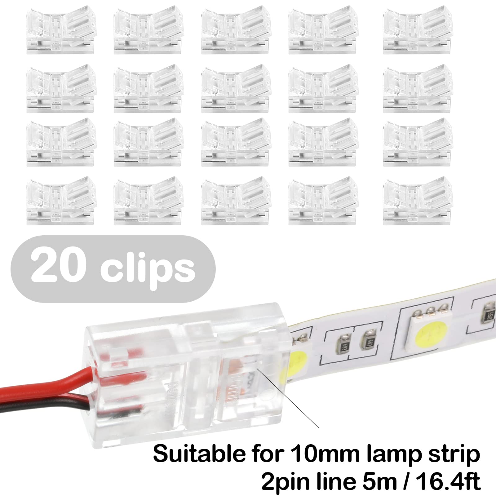 Flutesan 20 Pcs 2 Pin 10 Mm Led Strip Connector Rgb Lights Waterproof Adapter 22 Awg Wires Connector For Strip Light Unwired Gap