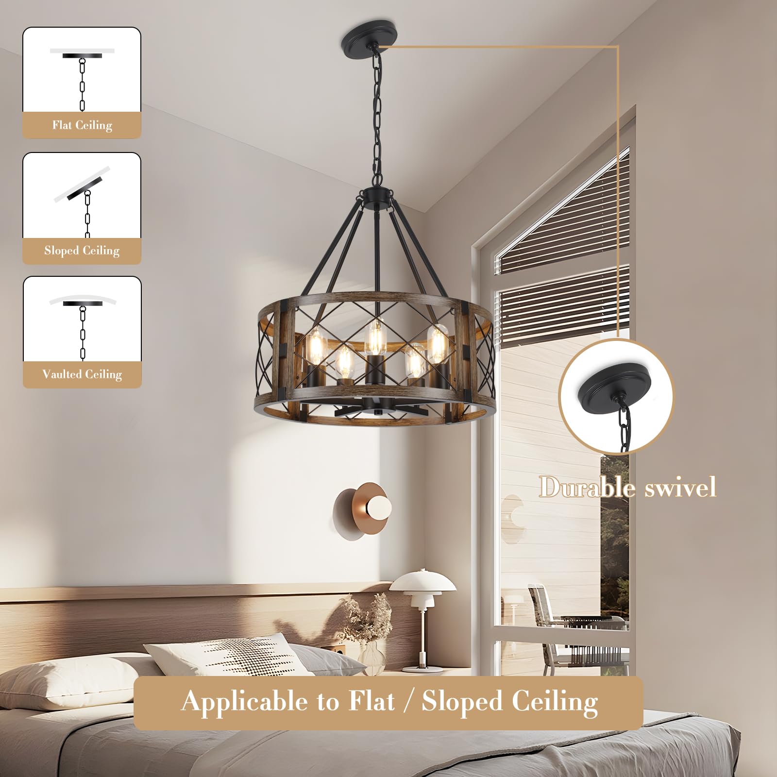 CWarmozy 5-Light Farmhouse Chandelier, 19.8" Adjustable Pendant Light, Black and Brown Wood Texture for Dining Room, Kitchen, Entryway