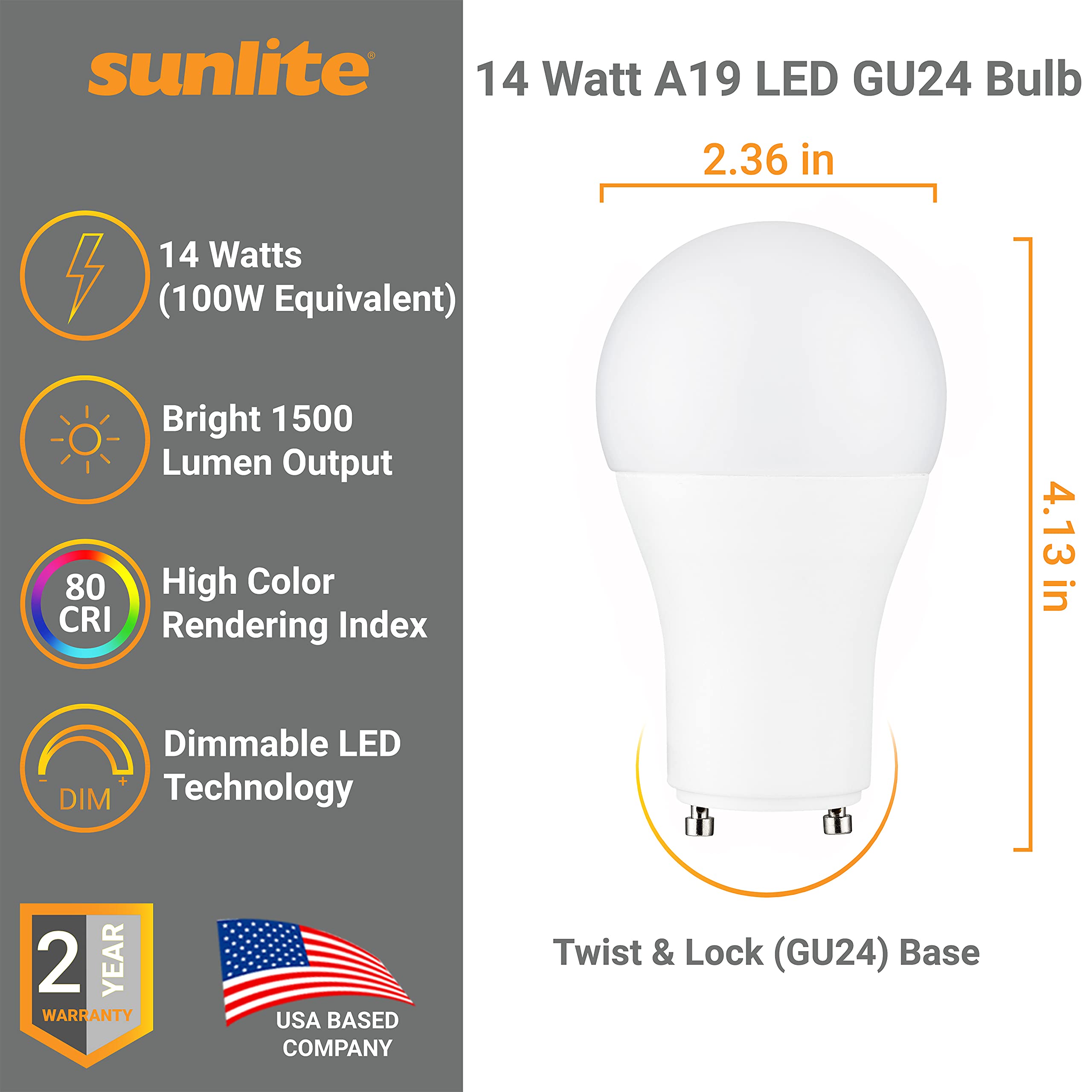 Sunlite A19 LED Dimmable Light Bulb 14W (100W Equivalent) 1500 Lumens, 5000K Daylight, 6 Pack, GU24 Base