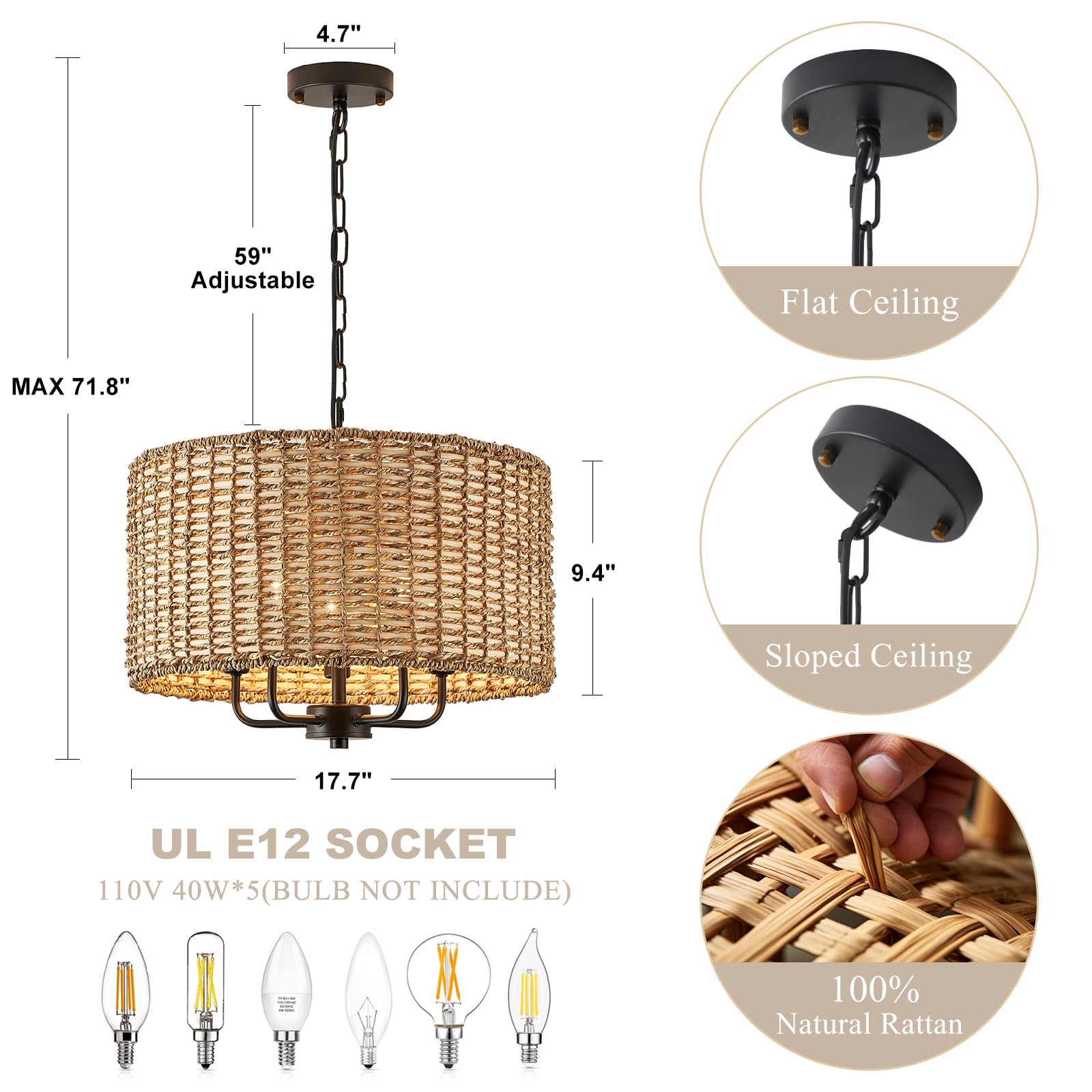 HLMRCHEN 5-Light Rattan Chandelier, 18" Boho Drum Shade, Ceiling Light Fixture for Kitchen, Entryway, Hallway - Model AM-0171-5H