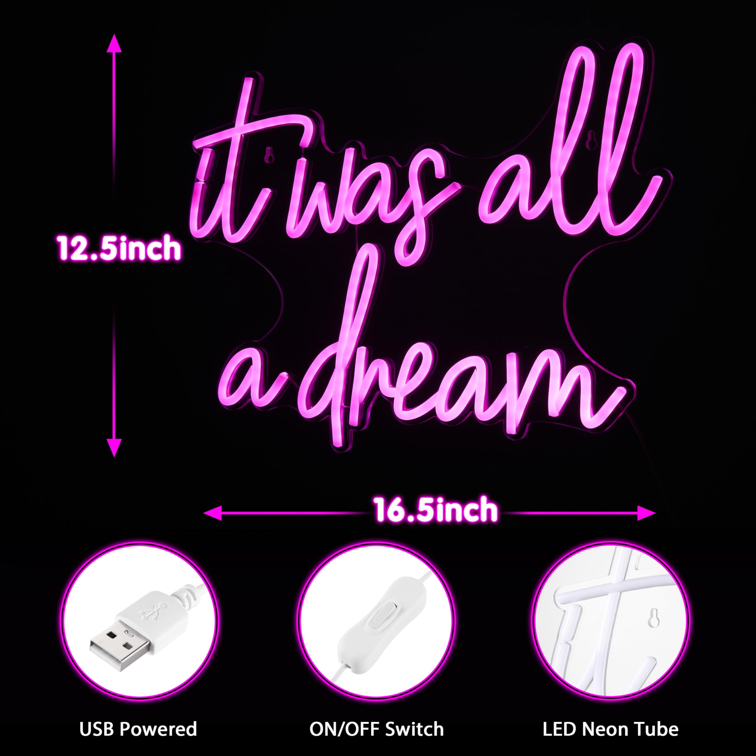 Kavaas Neon Light Sign - "It Was All A Dream" - 16.5" x 12.5", Pink - Aesthetic Decor for Bedroom, Party, Bar, Salon, Bathroom