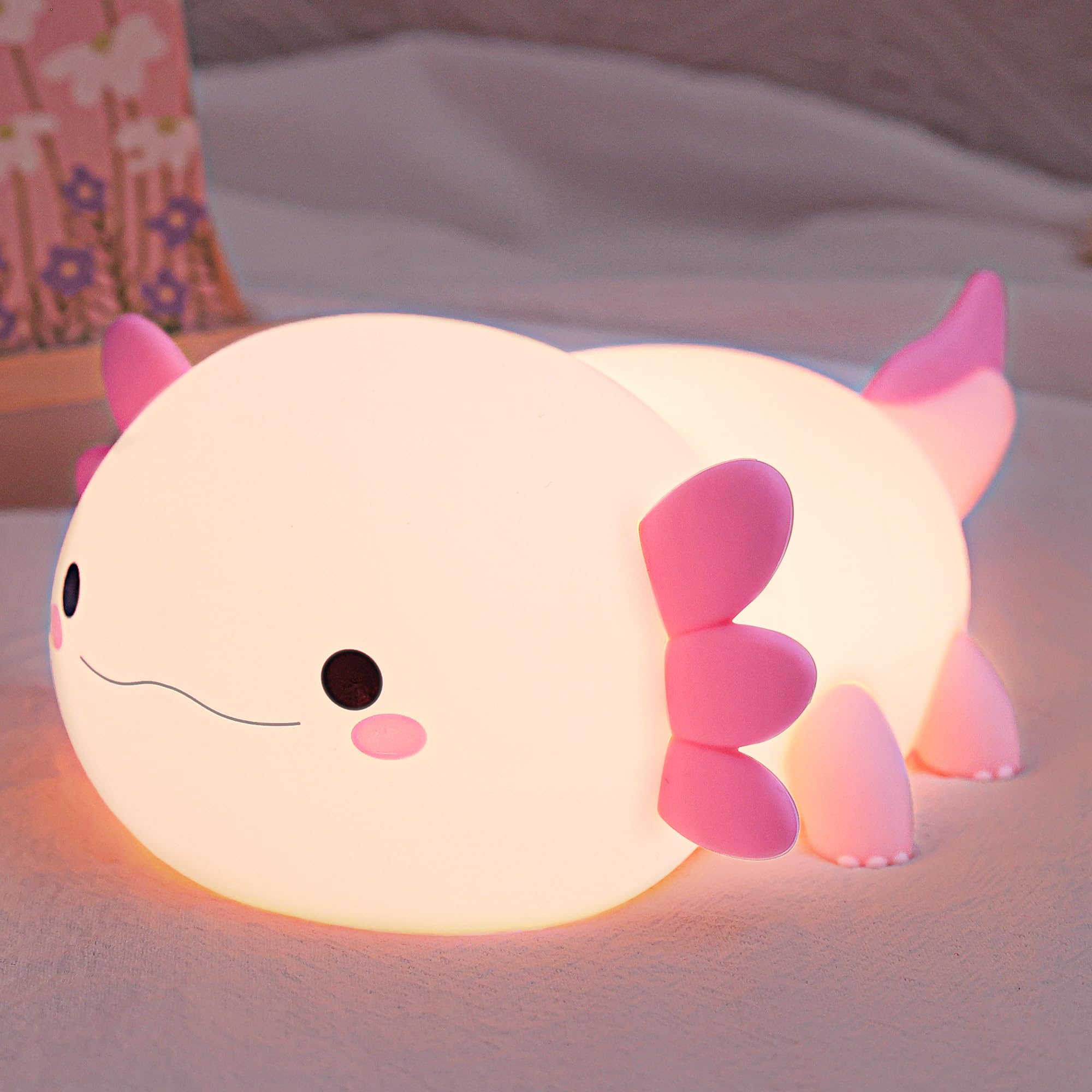 Axolotl Night Light, Squishy Axolotl Gifts, Cute Animal Nursery Lamp with Dimmer & Timer & Rechargeable for Room Decor, Pink Gif