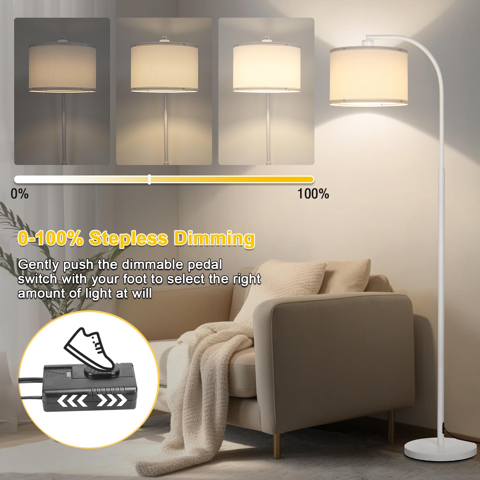 Floor Lamps For Living Room, White Arc Floor Lamp With Stepless Dimmer, Modern Standing Lamp With Adjustable Drum Shade, Tall Po