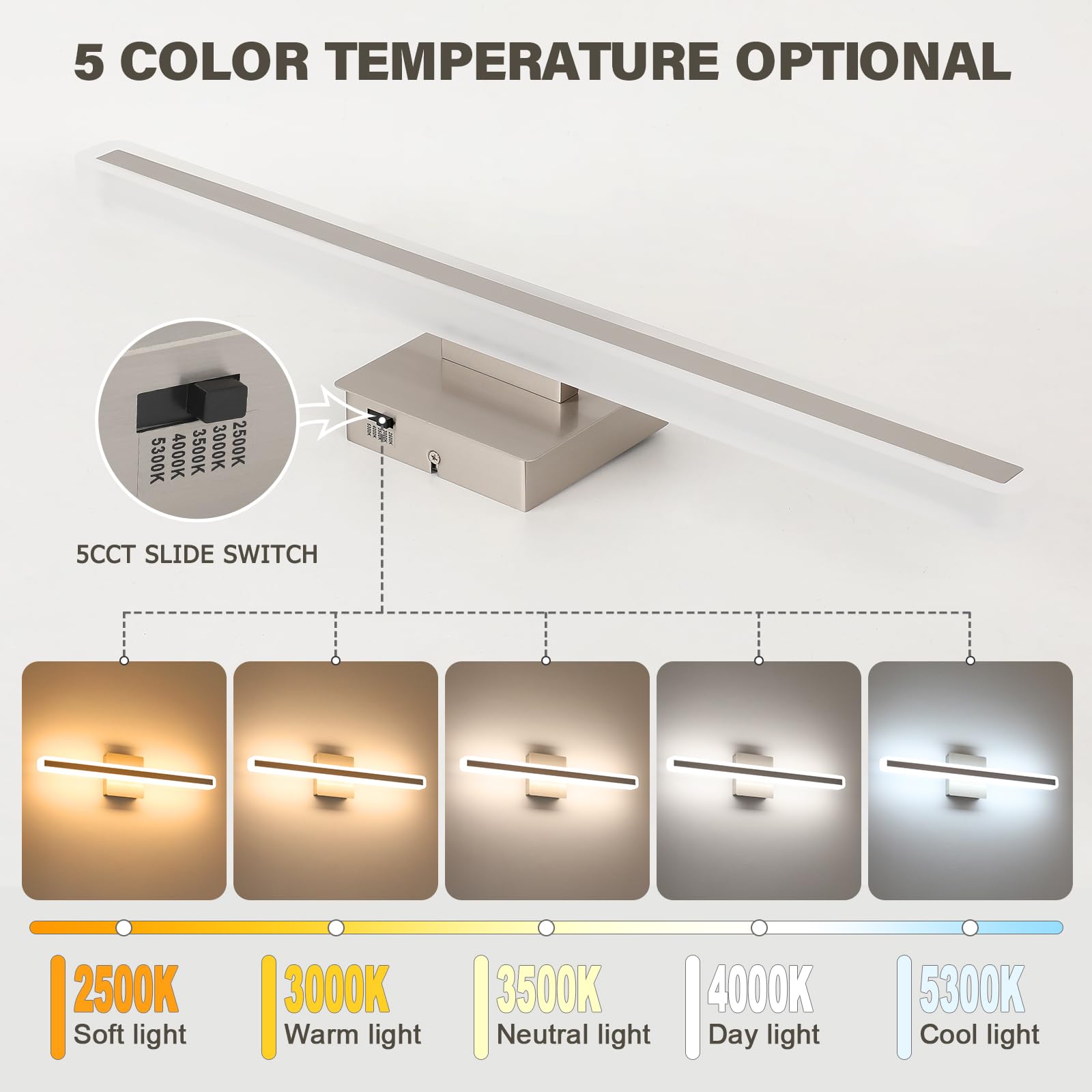 JUSHENG 24'' Brushed Nickel Dimmable Vanity Light Bar, Modern LED Bathroom Fixture, Model 9871, Acrylic