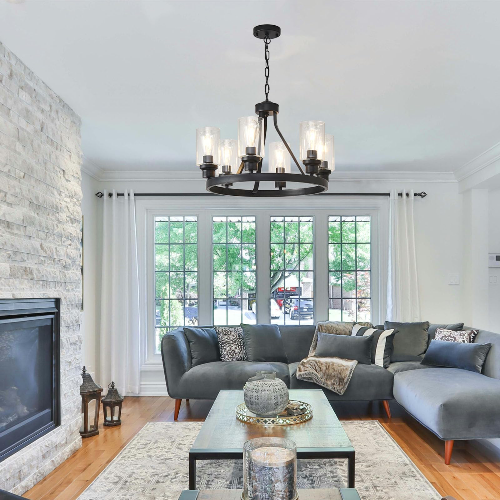 LOFTPLUS Farmhouse 6-Light Black Chandelier with Glass Shade for Dining Room, Living Room, Kitchen Island, Entryway