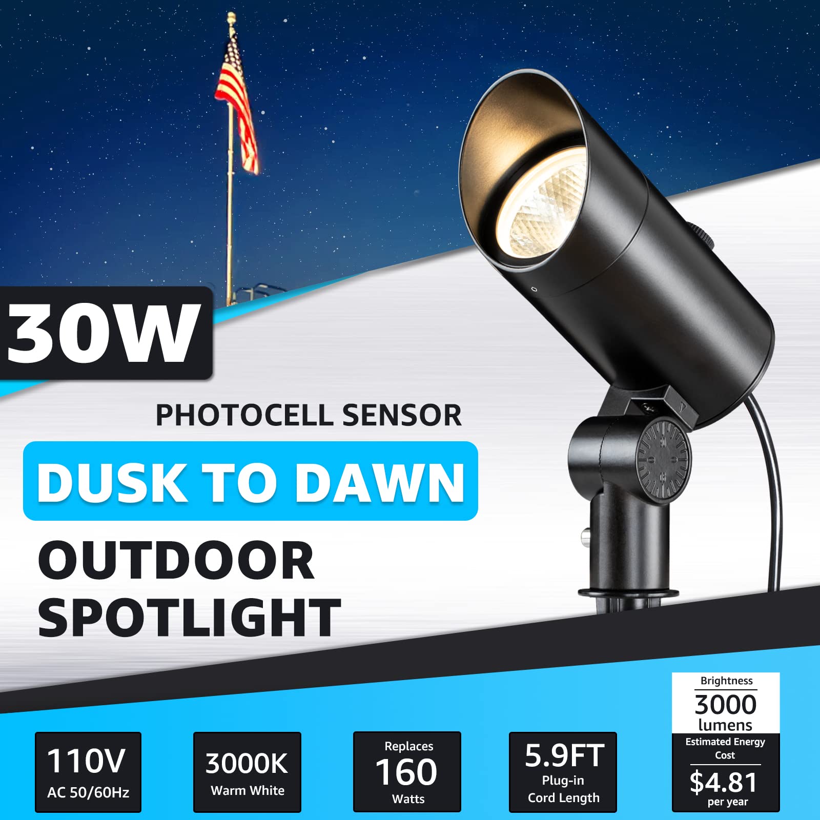 SUNVIE 30W LED Spotlight with Photocell Sensor, 3000K, Waterproof, Black, Model CHWP30A01, 6FT Cord for Outdoor Landscape Lighting
