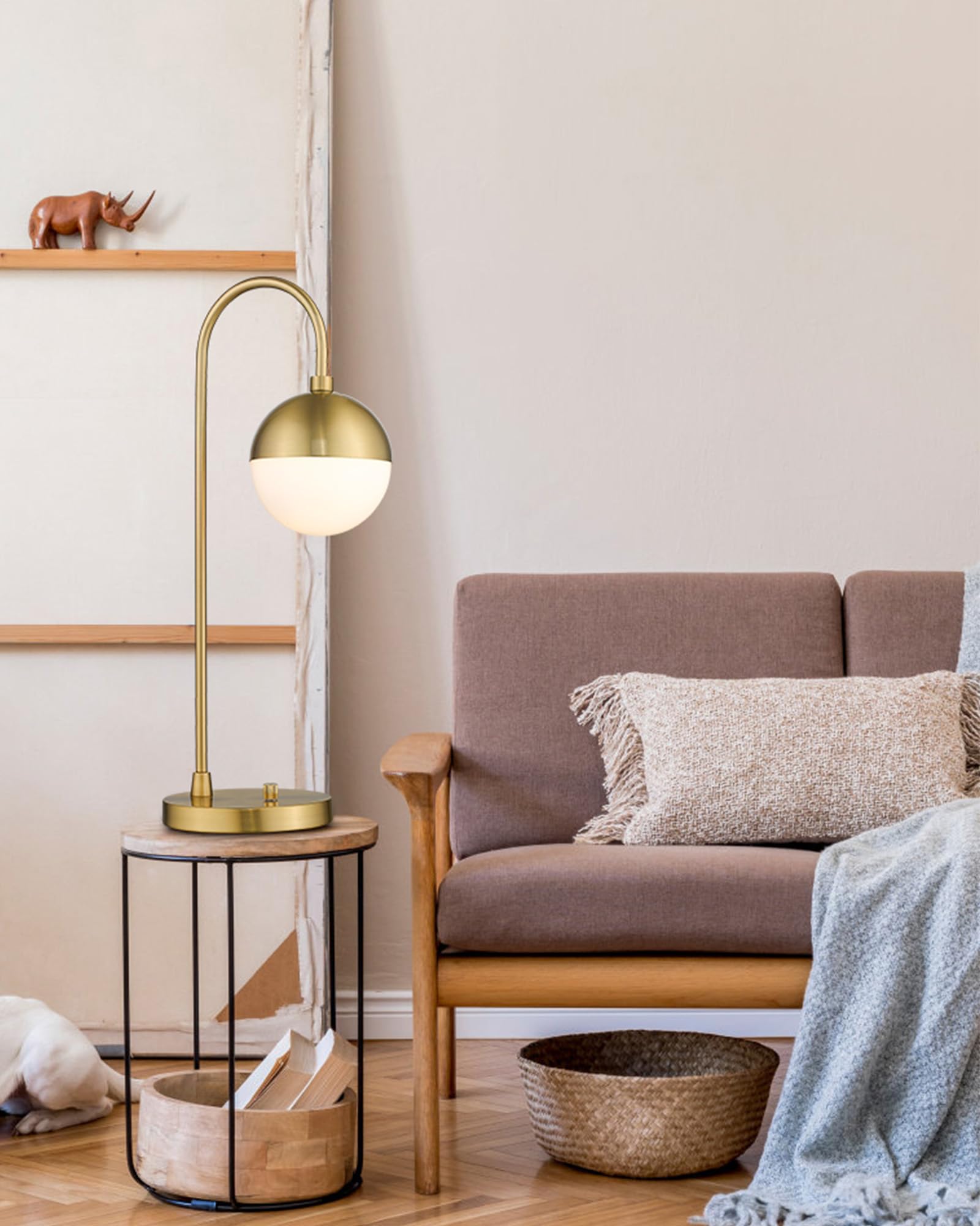 Lms Modern Gold Table Lamp With White Glass Globe, Gold Desk Light Bedside Lamp With Brushed Brass Finished For Living Room Office Nightstand, Dimmable Switch