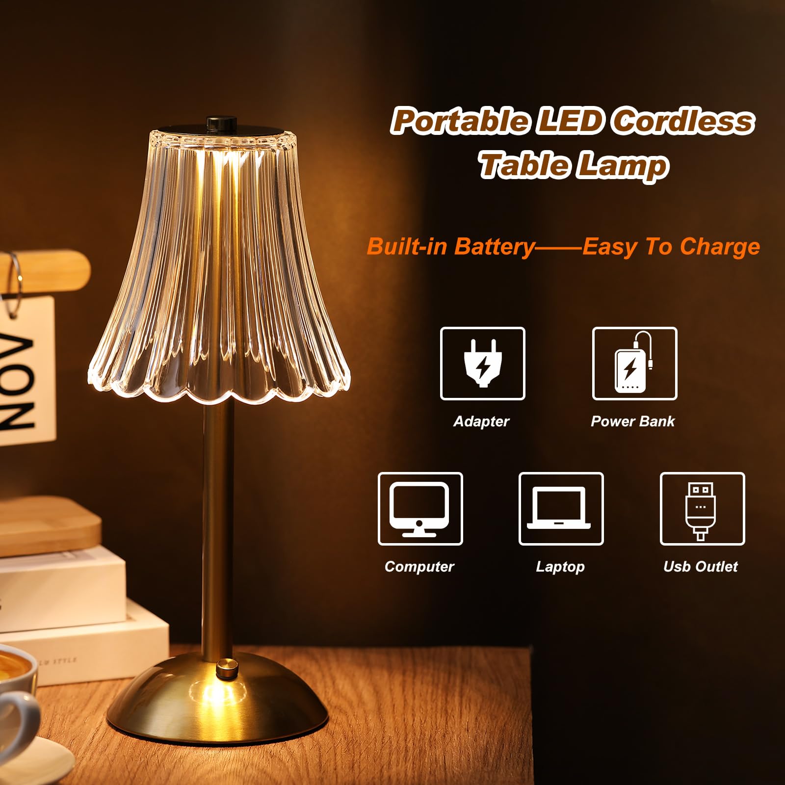 Liliful LED Cordless Table Lamp, Touch Battery Operated, 3 Color Dimmable, Gold Size, Rose Style, Model IAN-Liliful-5009