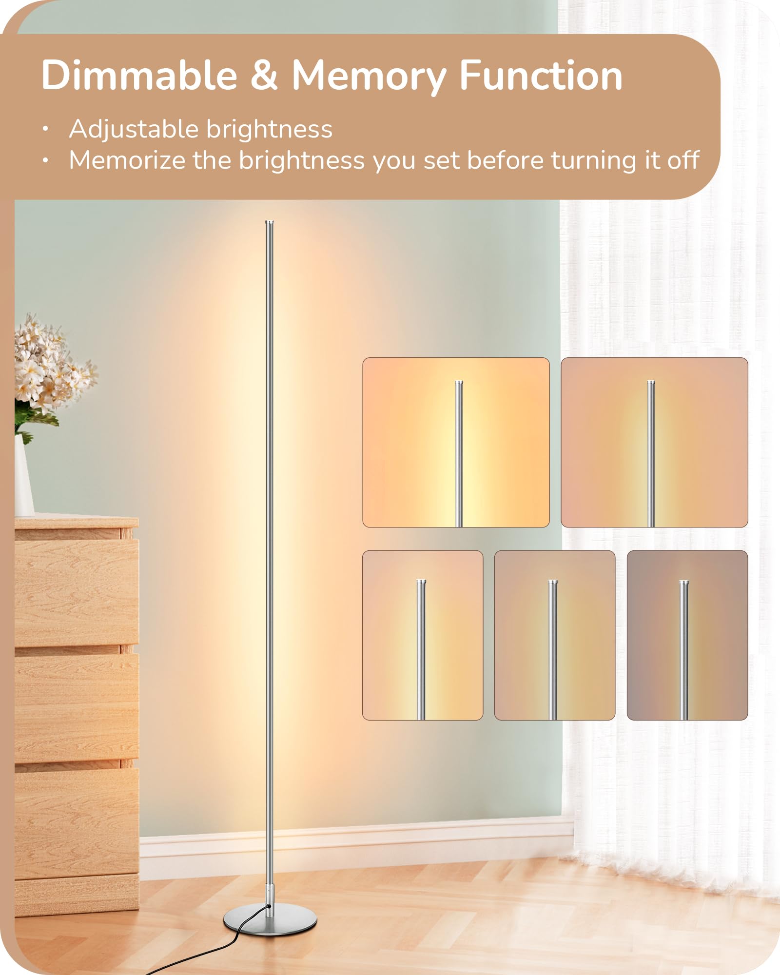 Edishine Led Corner Floor Lamp With Remote, 57.5&quot; Dimmable Slim Mood Light, Silver