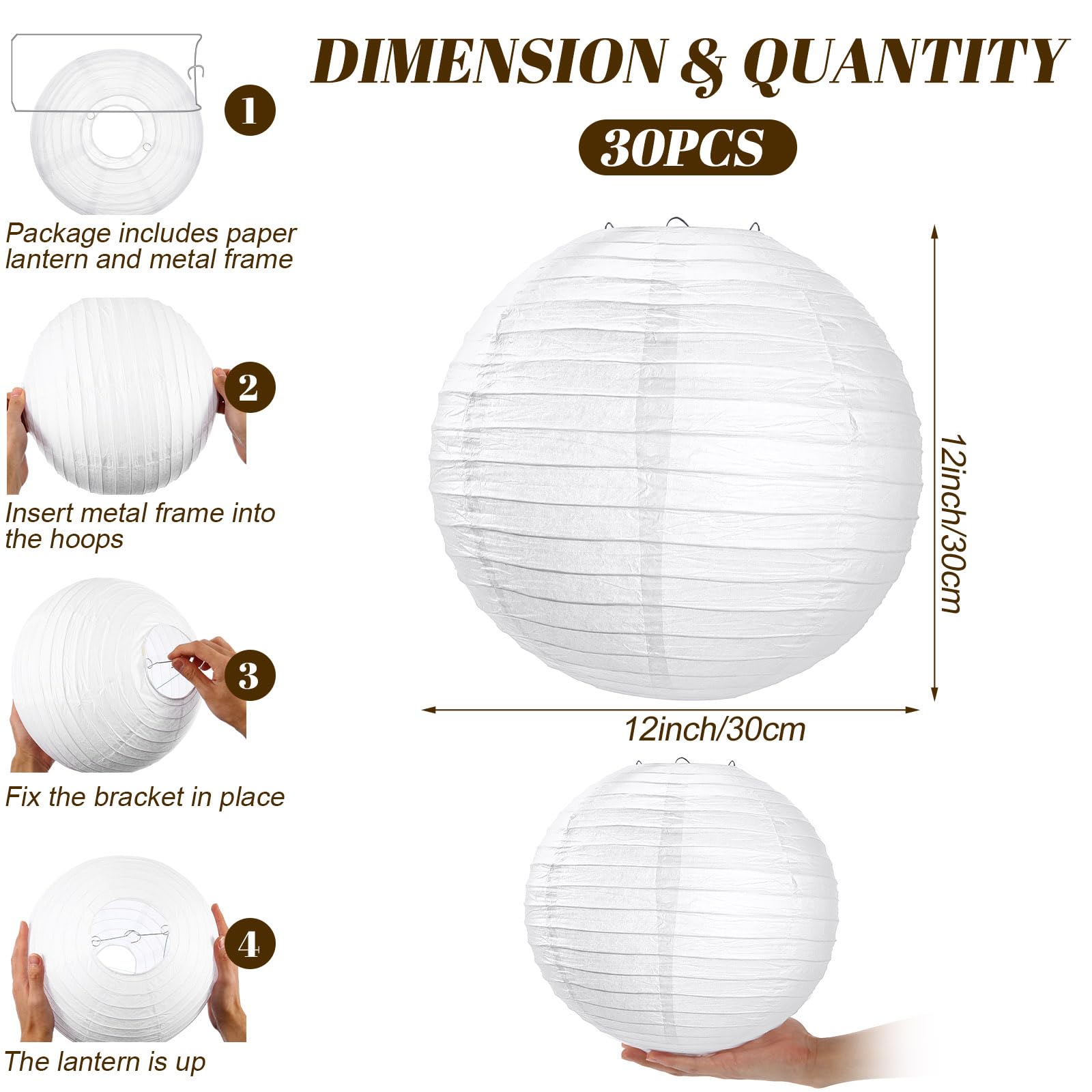 Treela 30 Pack White Chinese Japanese Paper Lanterns Decorative Hanging Ball Lanterns Round Paper Lantern Lamps For Wedding Birthday Party Home Decorations(12 Inch)
