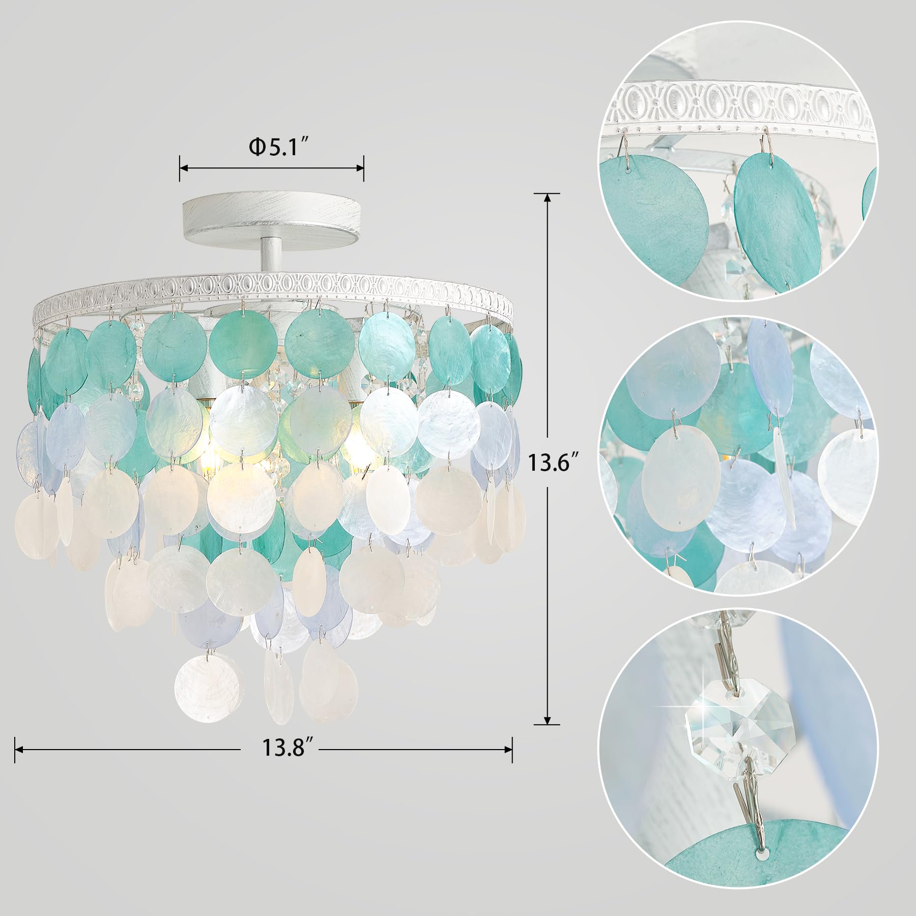 TRIBILLION 13.8" Capiz Shell Mini Chandelier - Ocean Blue 3 Light Ceiling Fixture for Bedroom, Hallway, Living Room, Model shell-350