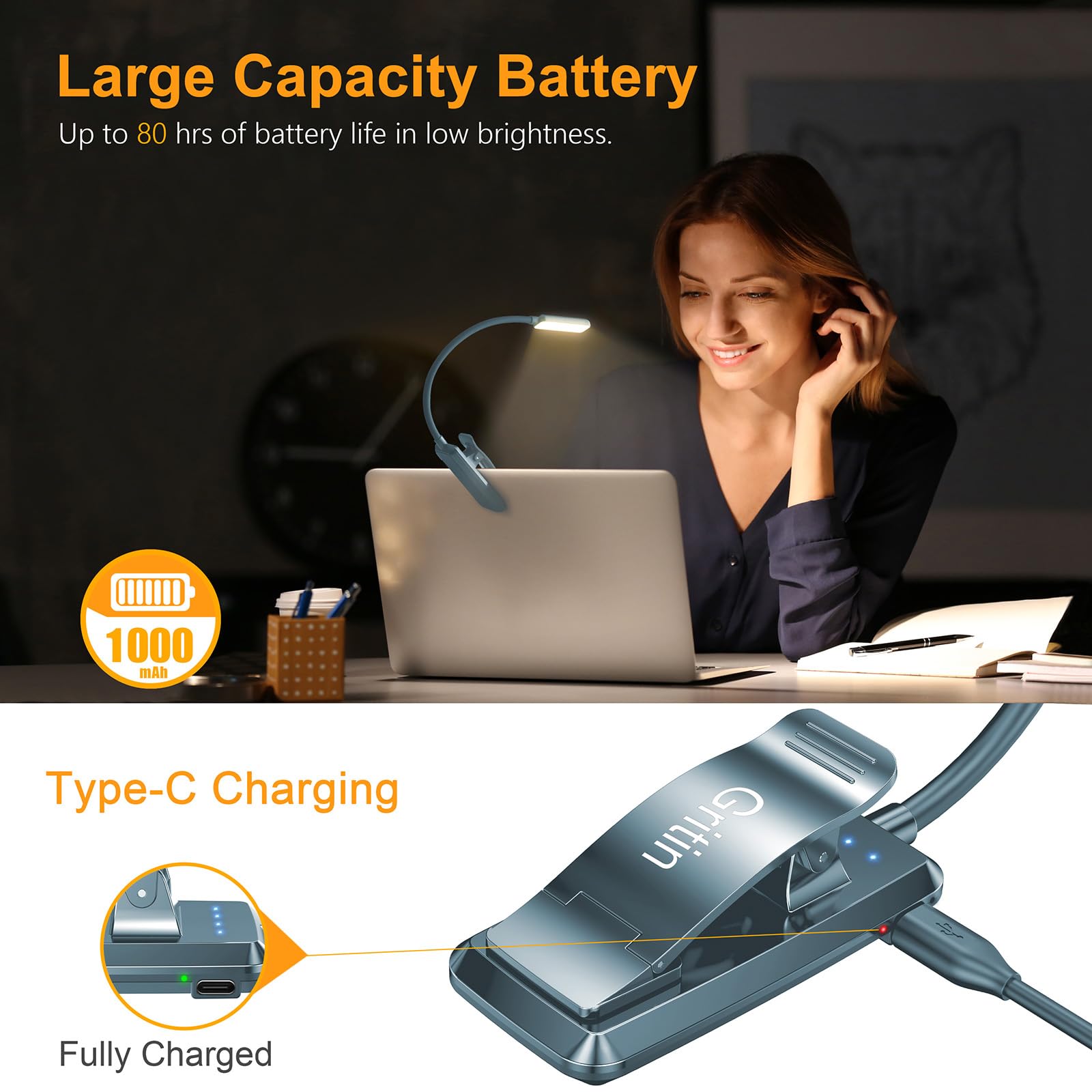 Gritin Rechargeable Book Light - 9 LED, Eye-Caring, 3 Color Temperatures, Stepless Dimming, Pacific Blue, Model G1330