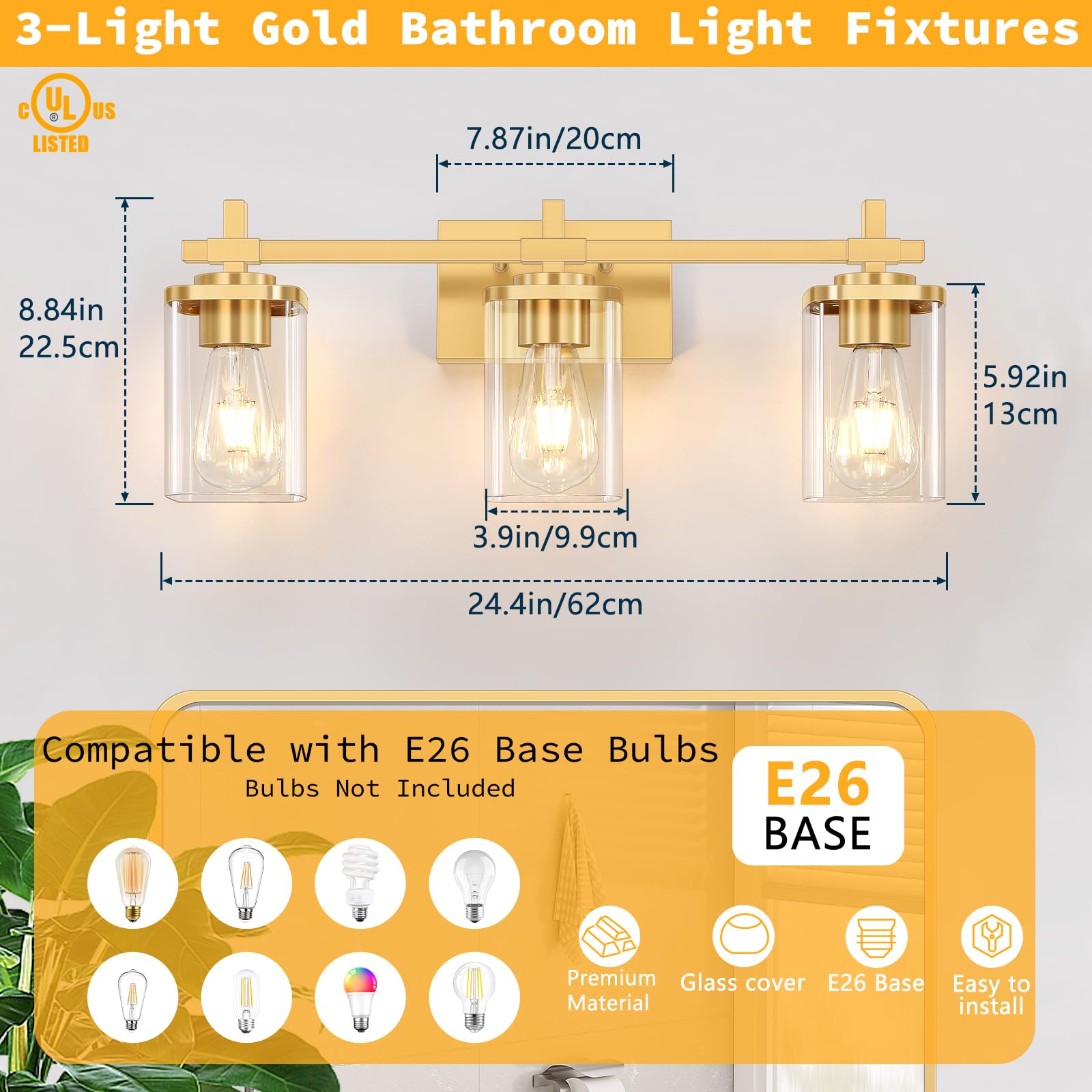 Spiglamm 3-Lights Bathroom Vanity Light Fixture, Brushed Gold Metal Wall Mount with Glass Shades, Model BG-Wall-3 Light