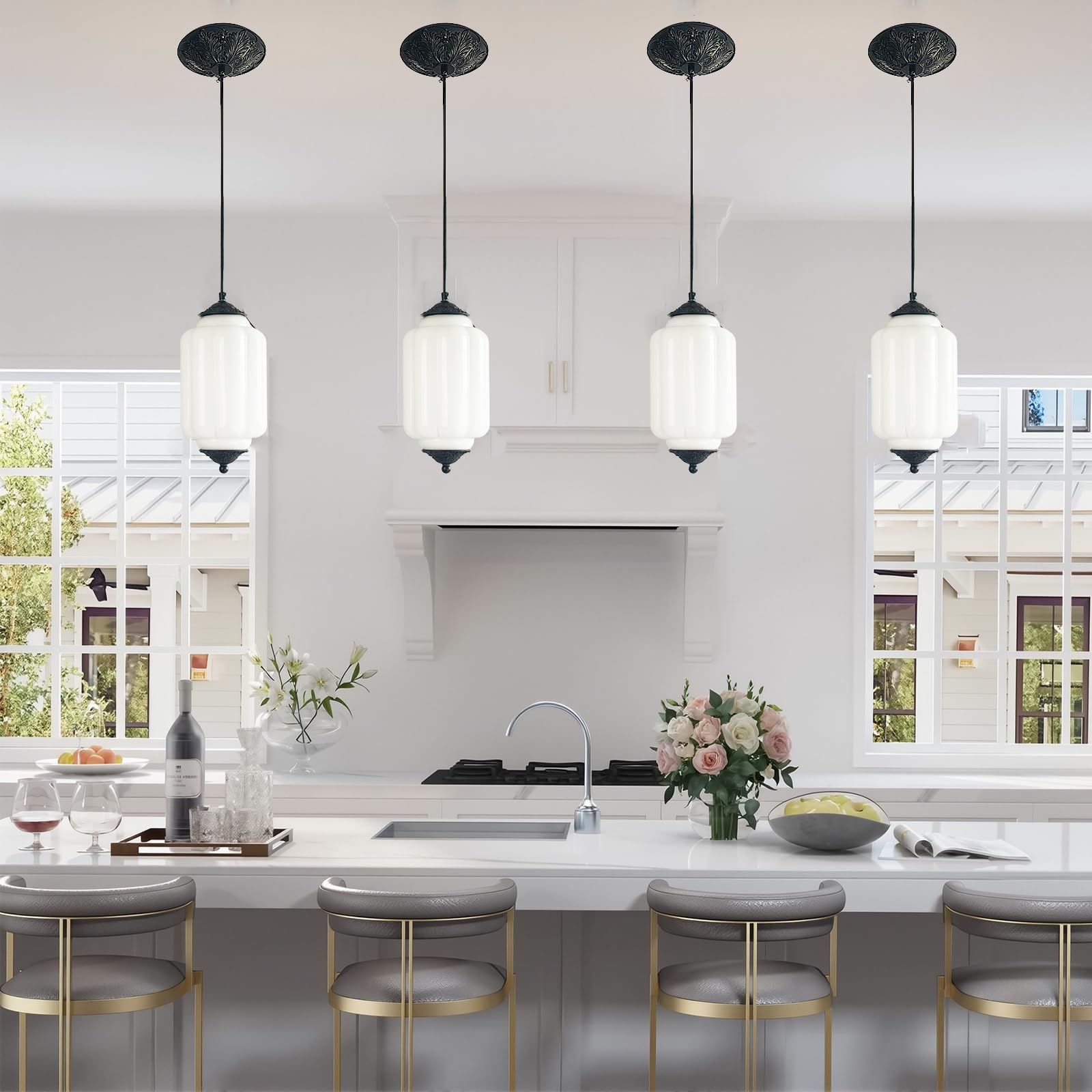 Yesids Vintage Milk Glass Pendant Lights Kitchen  Brass Color Glass Ceiling Light Fixture  Retro Industrial Pendant Lighting For Dining Room  Kitchen  Bedroom  Entryway  Hallway (White  5.5In)