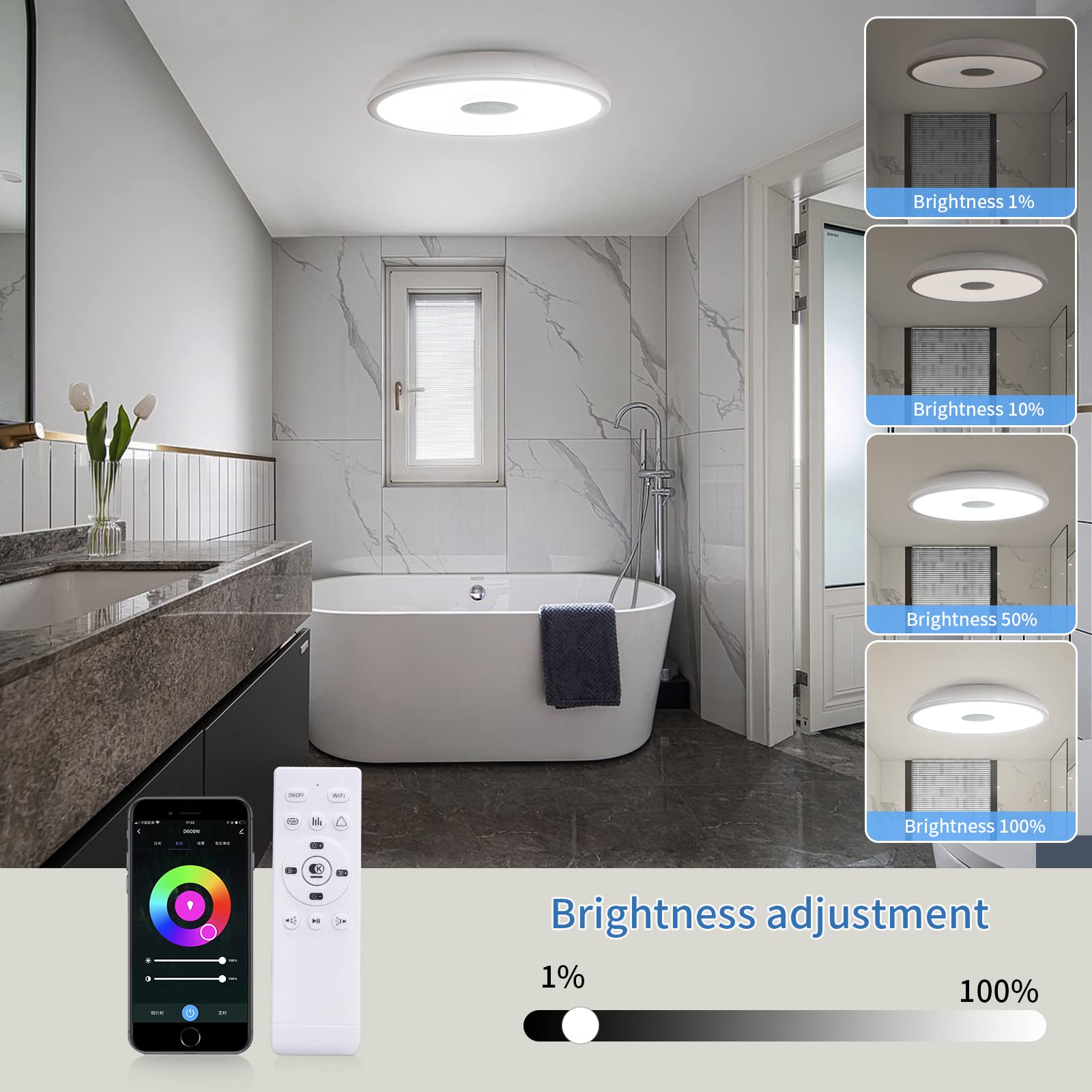 Asall Smart Waterproof Led Ceiling Light Fixture,11 Inch 18W,With Bluetooth Speaker,Rgb Color Changing Function-2700K-6500K Dimm