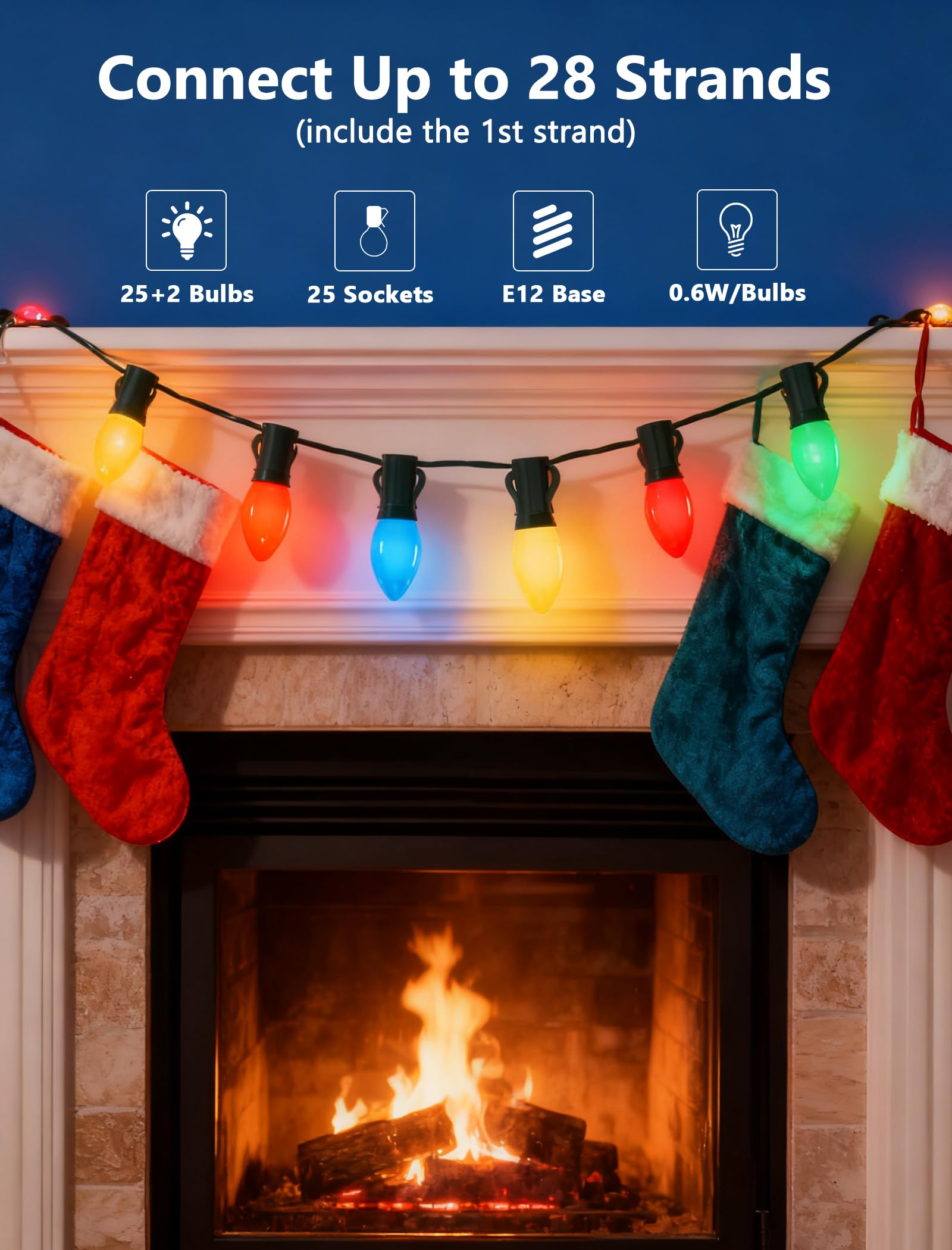 25Ft Multicolor Christmas Lights Outdoor  C7 Vintage String Lights With 25 Red Green White Ceramic Incandescent Bulbs  Hanging Patio Lights For Porch Roofline Xmas Tree Garden Pathway Indoor Decor