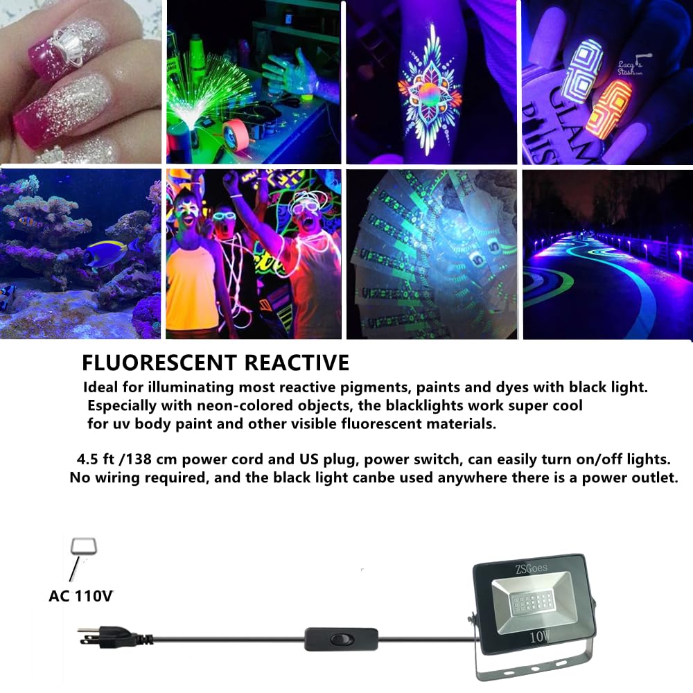 Zsgoes 2 Pack 10W Uv Ultraviolet Black Light 110Vac For Halloween Blacklight Party  Stage Lighting  Fluorescent Body discomfort-reducingt  Glow In The Dark  Fishing  Uv Glue Curing  Screen Printing  Us Plug Switch