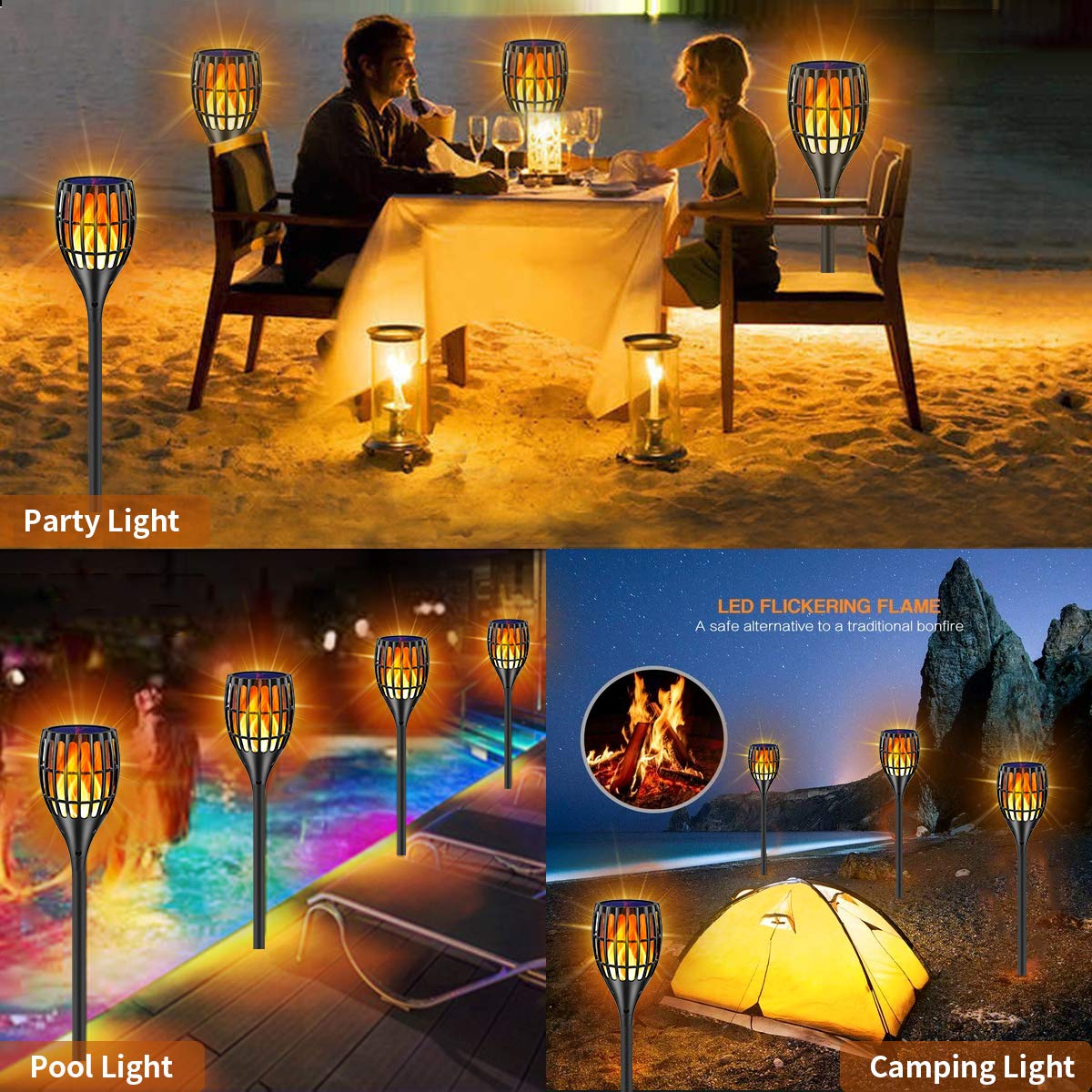 Ollivage Solar Torch Lights, Waterproof Flickering Flames, 43 Outdoor Decoration, Black, Dusk To Dawn Auto On/Off, 1 Pack
