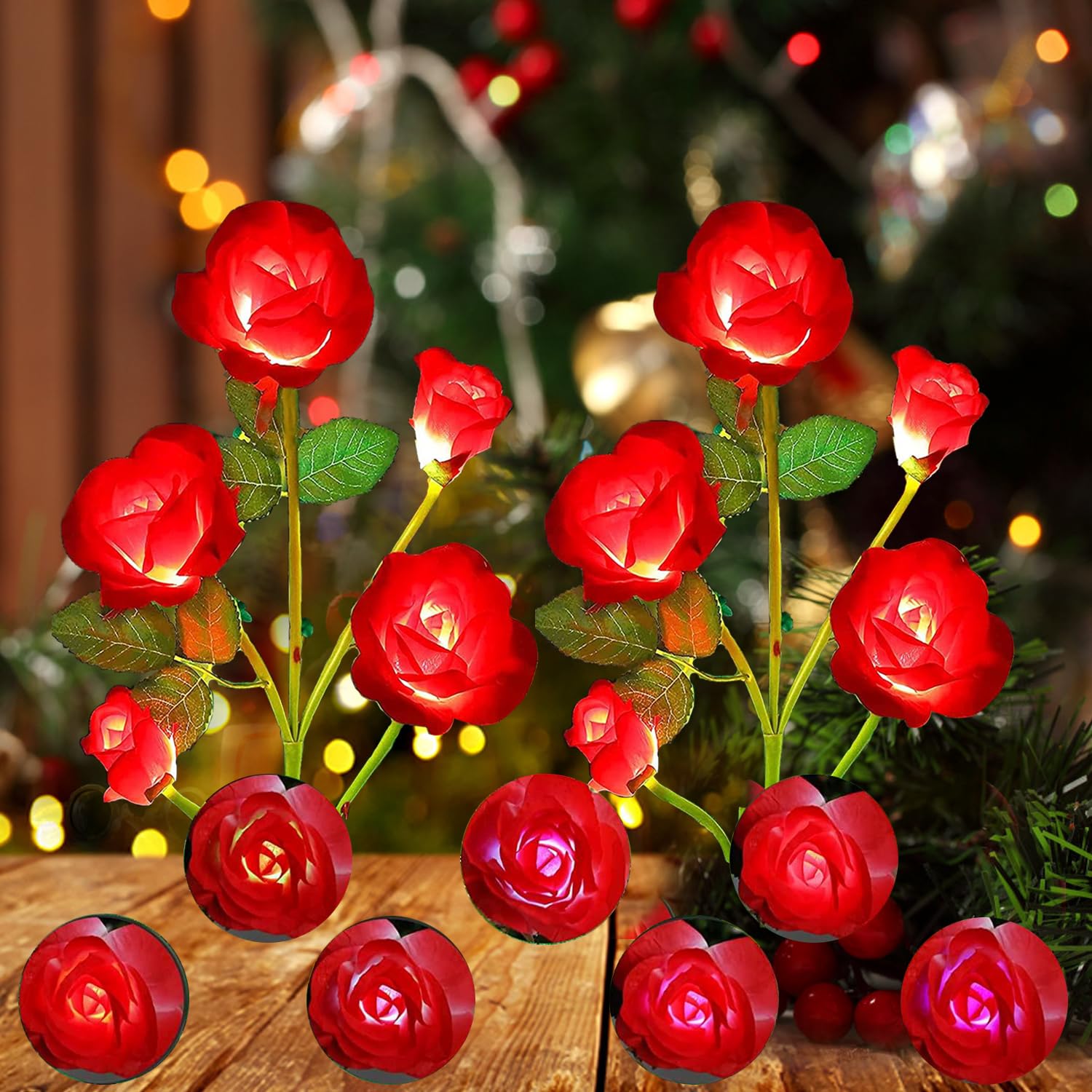 ANGMLN Solar Garden Lights, 2 Pack Red Rose, 10 Head, 7-Color Changing, Waterproof Outdoor Decoration for Garden, Pathway, Patio