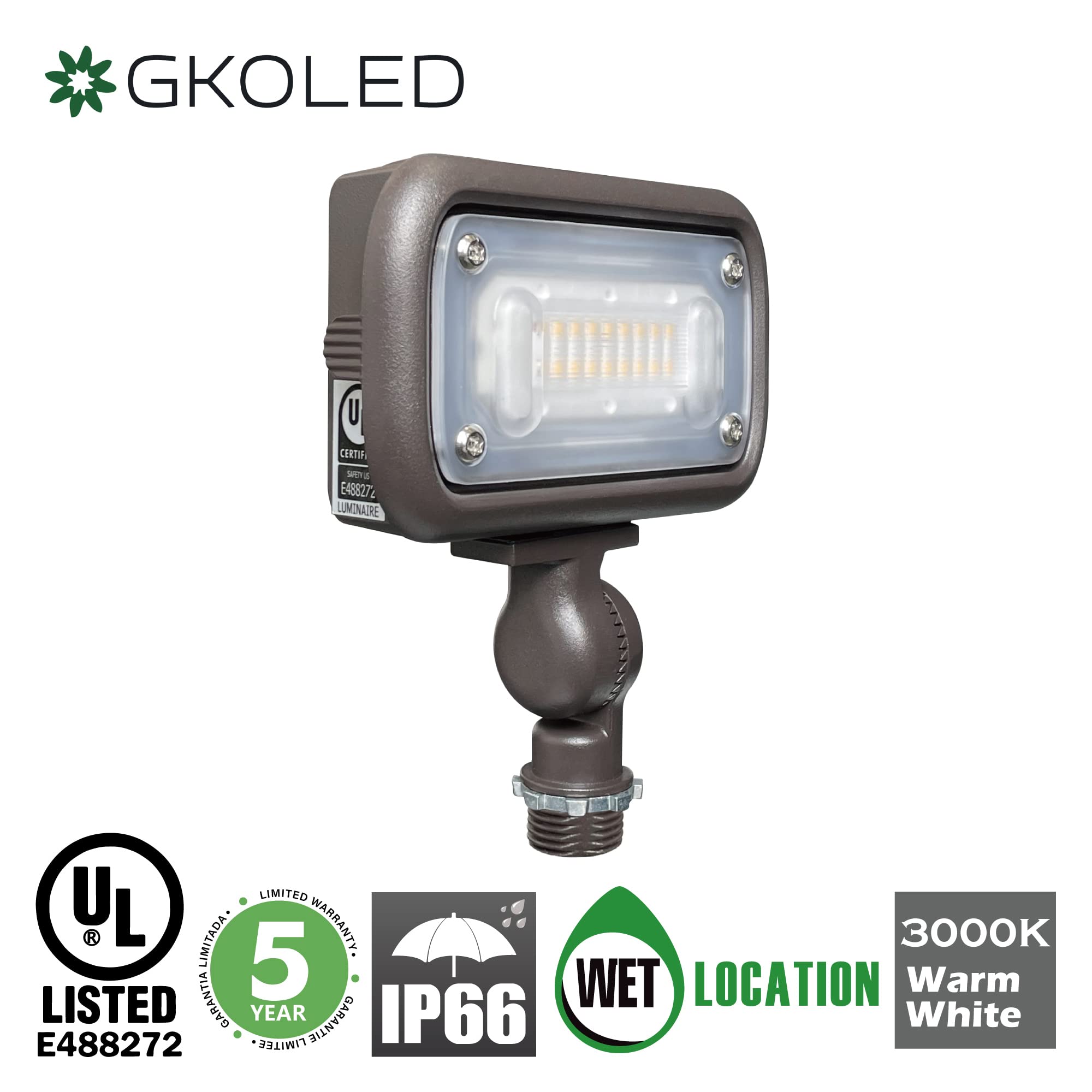 Gkoled Outdoor Security Floodlight, 15W Super Bright Led, 50W Psmh Equivalent, 1370 Lumens, 3000K Warm White, Ip65 Waterproof, 120-277V, 1/2" Knuckle Mount, Ul-Listed
