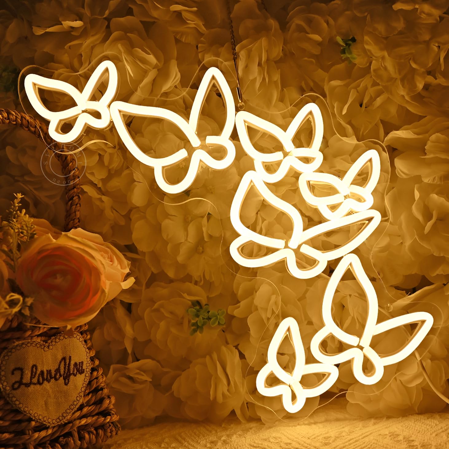 SYLHOME Butterfly LED Neon Light Sign - Warm White Acrylic - 16.5in X 8.9in - Ideal for Kids Bedroom, Living Room, Wedding, and Parties