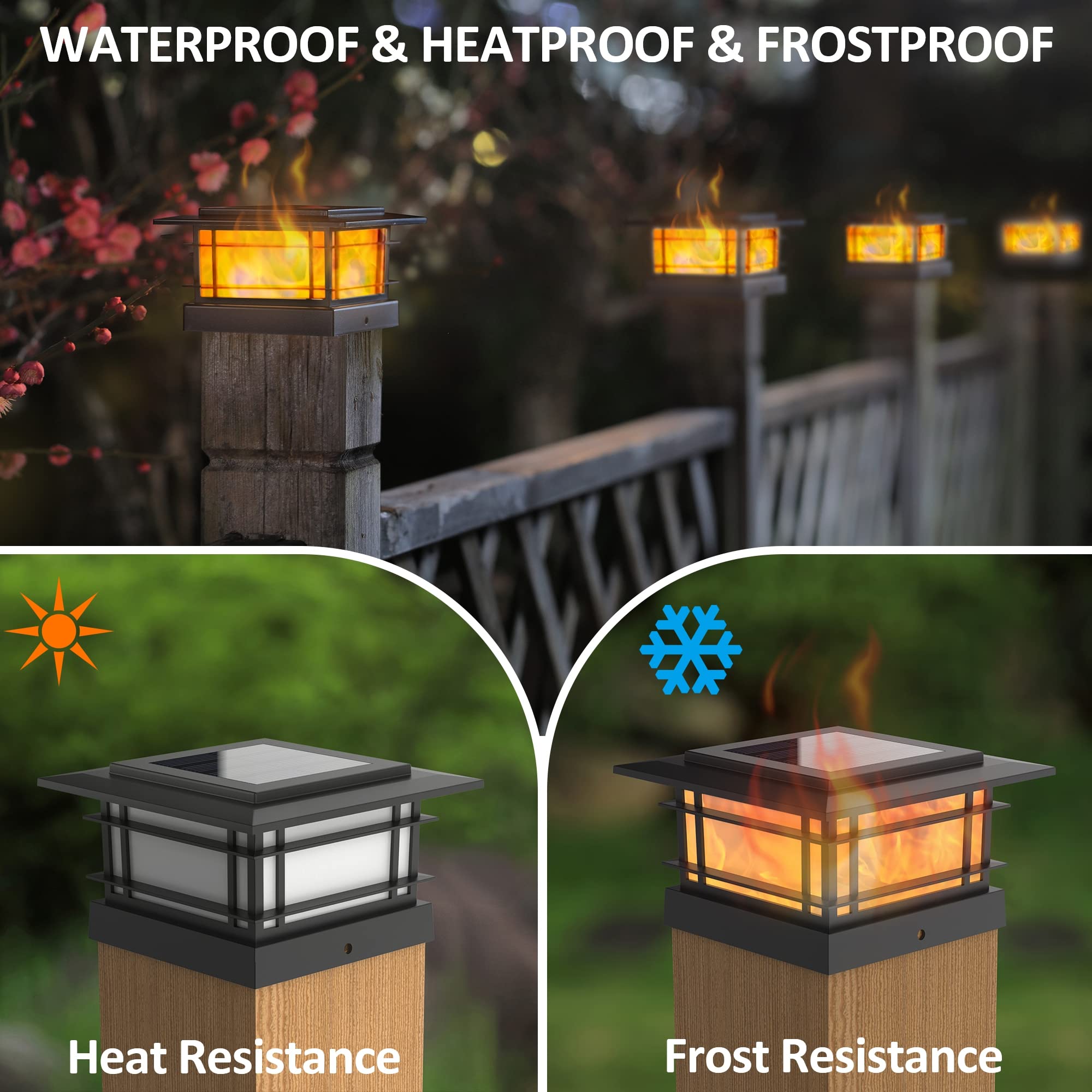 Dynaming 4 Pack Solar Flame Post Lights Outdoor, Solar Powered Fence Post Cap Lights, High Brightness Flickering Flame Smd Led Lighting Decor For Garden Deck Patio, Fit 4X4, 5X5 Or 6X6 Wooden Posts