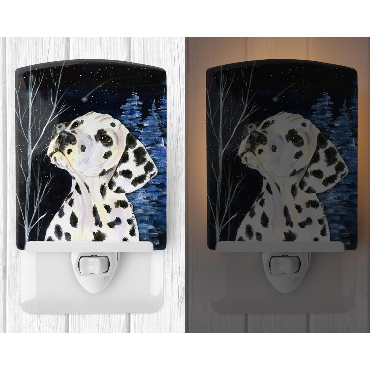 Caroline'S Treasures Ss8370Cnl Starry Night Dalmatian Ceramic Night Light Compact, Ul-Certified, Ideal For Bedroom, Bathroom, Nursery, Hallway, Kitchen, 6X4X3, Multicolor