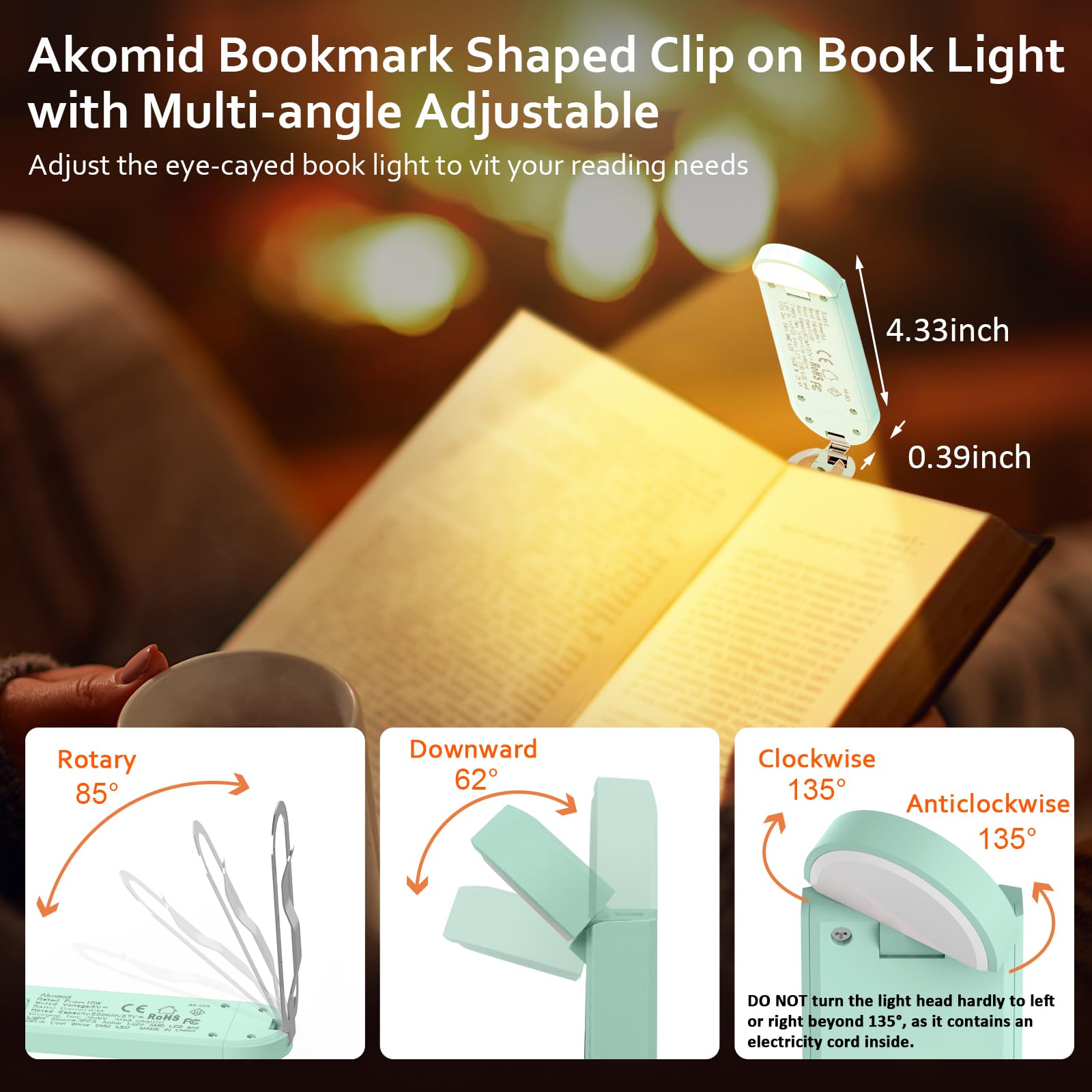Akomid Clip-on Book Light - USB Rechargeable, 8 LEDs, Eye-Cared Amber Mode, Stepless Dimming, Turquoise, Model Ak-001