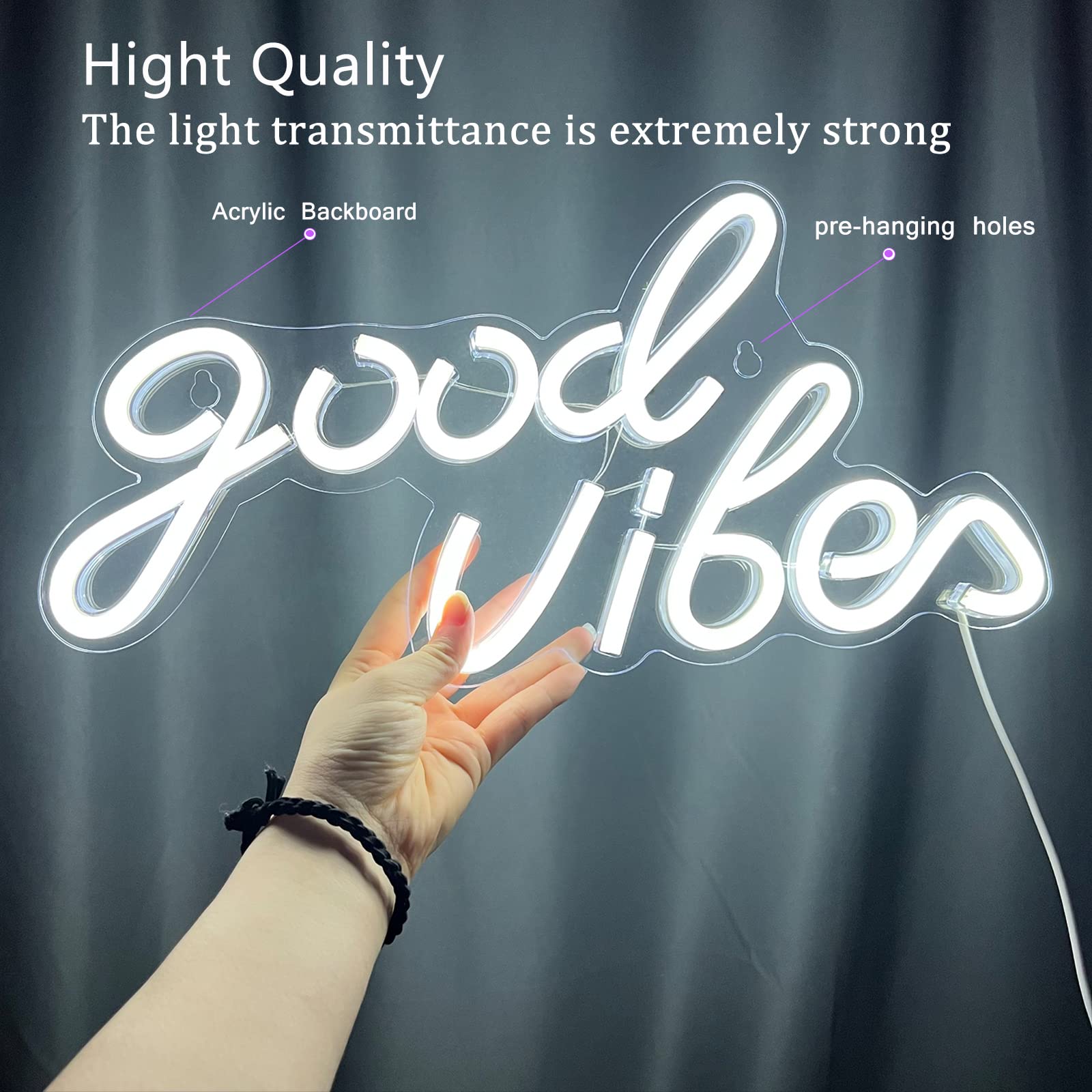 Bernicekelly Good Vibes Neon Sign - White Led Wall Decor For Bedroom & Party, Usb Powered