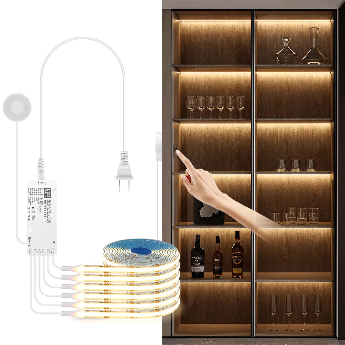 tlinkosta Cabinet Light COB LED Band Lights 6-in-1 Dimmable Touch Control for Display Cabinets  Wardrobes  Kitchen  Beverage Cabinets  Showcase & Shelf Lighting (Warm Light  6.6ft)